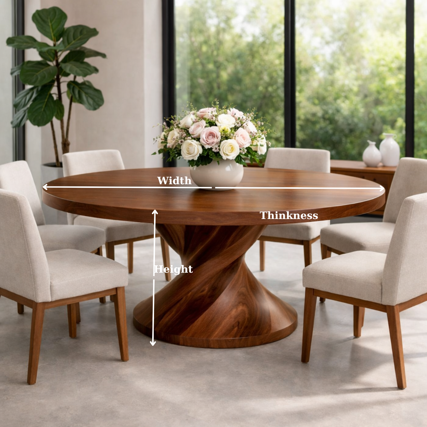 Round Solid Wood Dining Table with Sculptural Pedestal Base