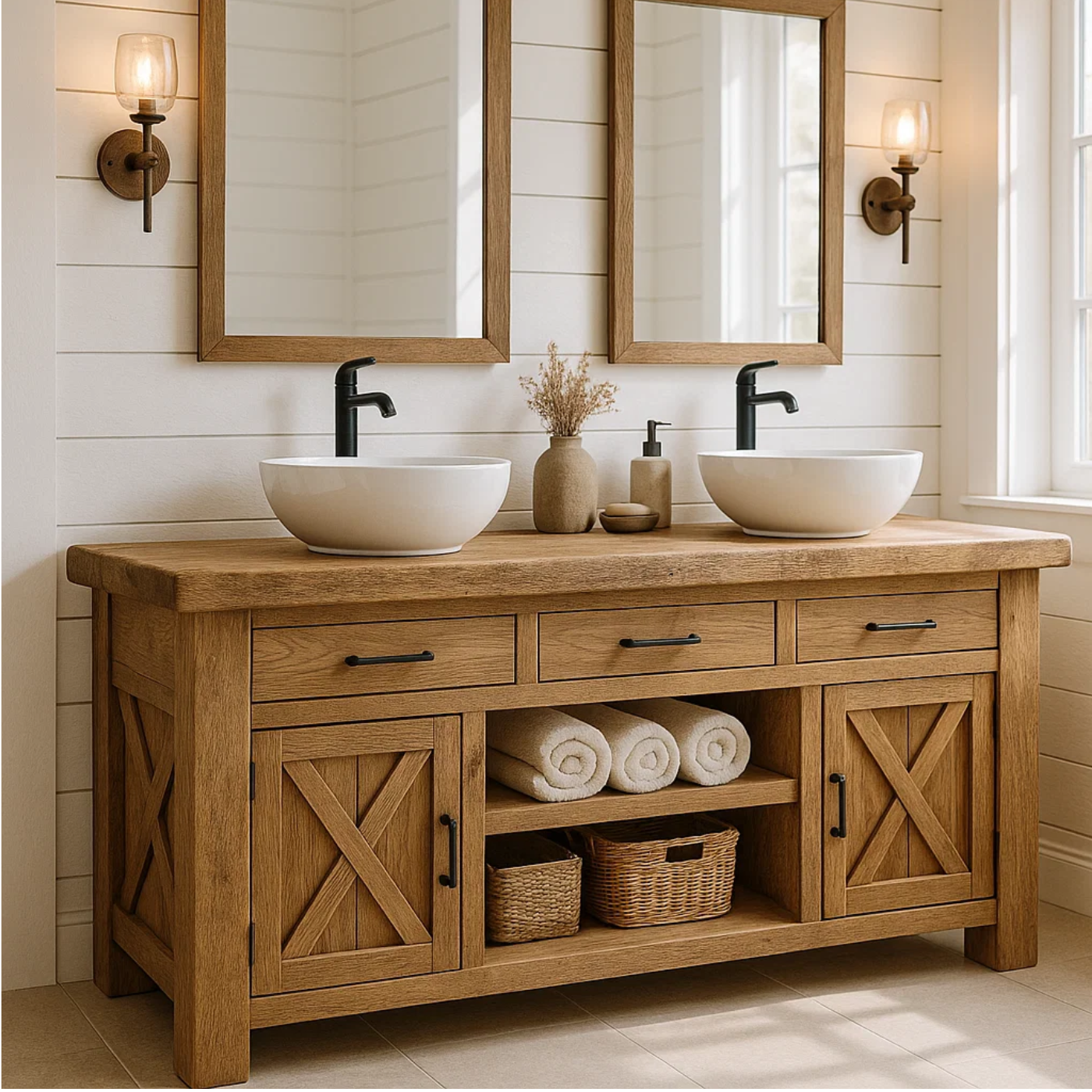 Farmhouse Solid Wood Double Bathroom Vanity with 3 Drawers, Sliding Barn Doors and Open Shelf