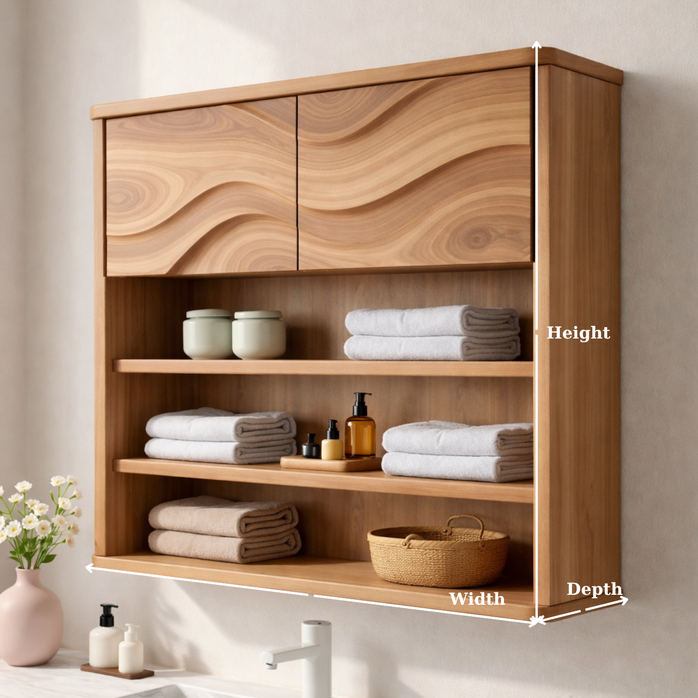 Solid Wood Bathroom Cabinet with Open Shelves & Wave Doors – Modern Wall Mounted Storage