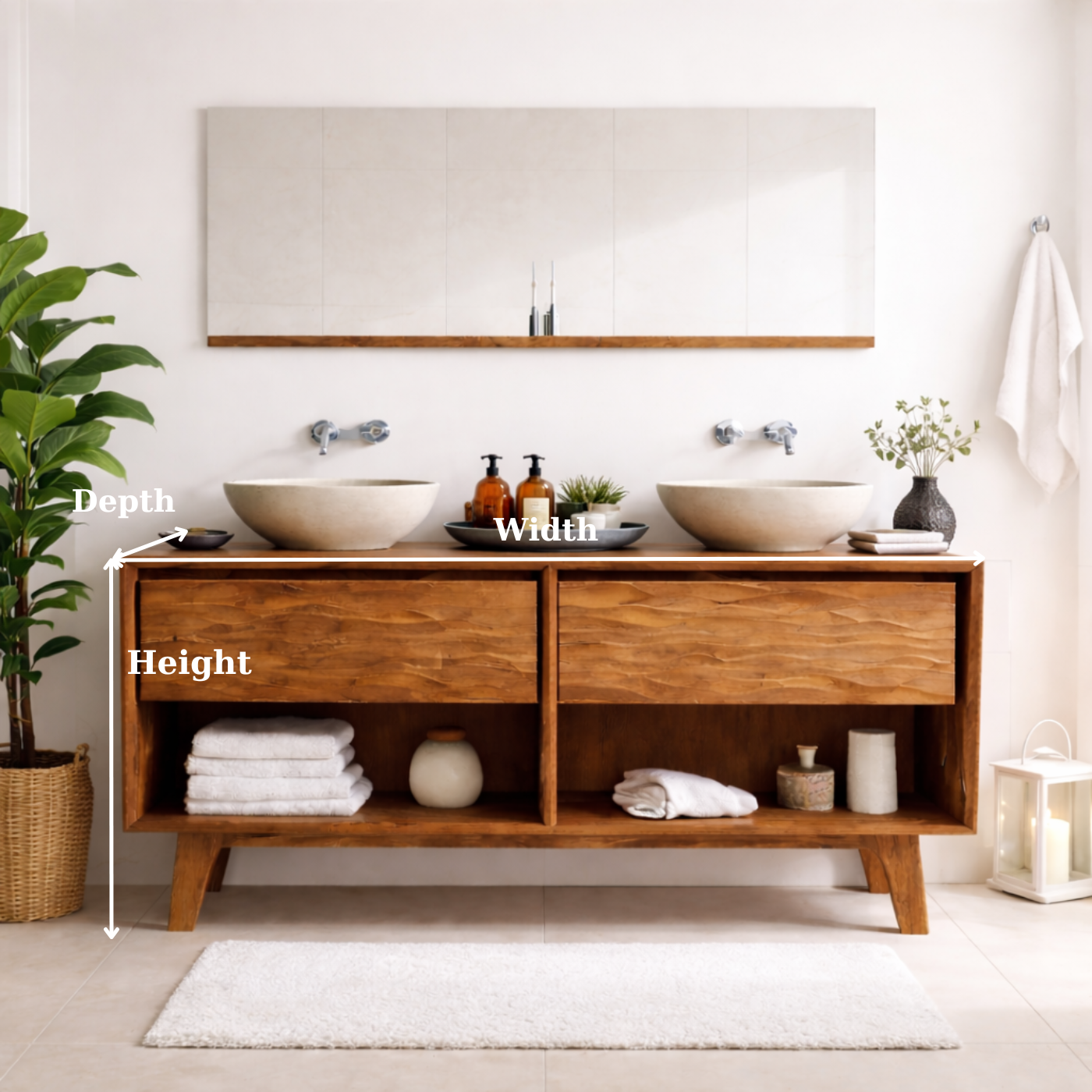 Mid-Century Solid Wood Double Bathroom Vanity with Sculpted Wave Drawer Fronts and Open Storage