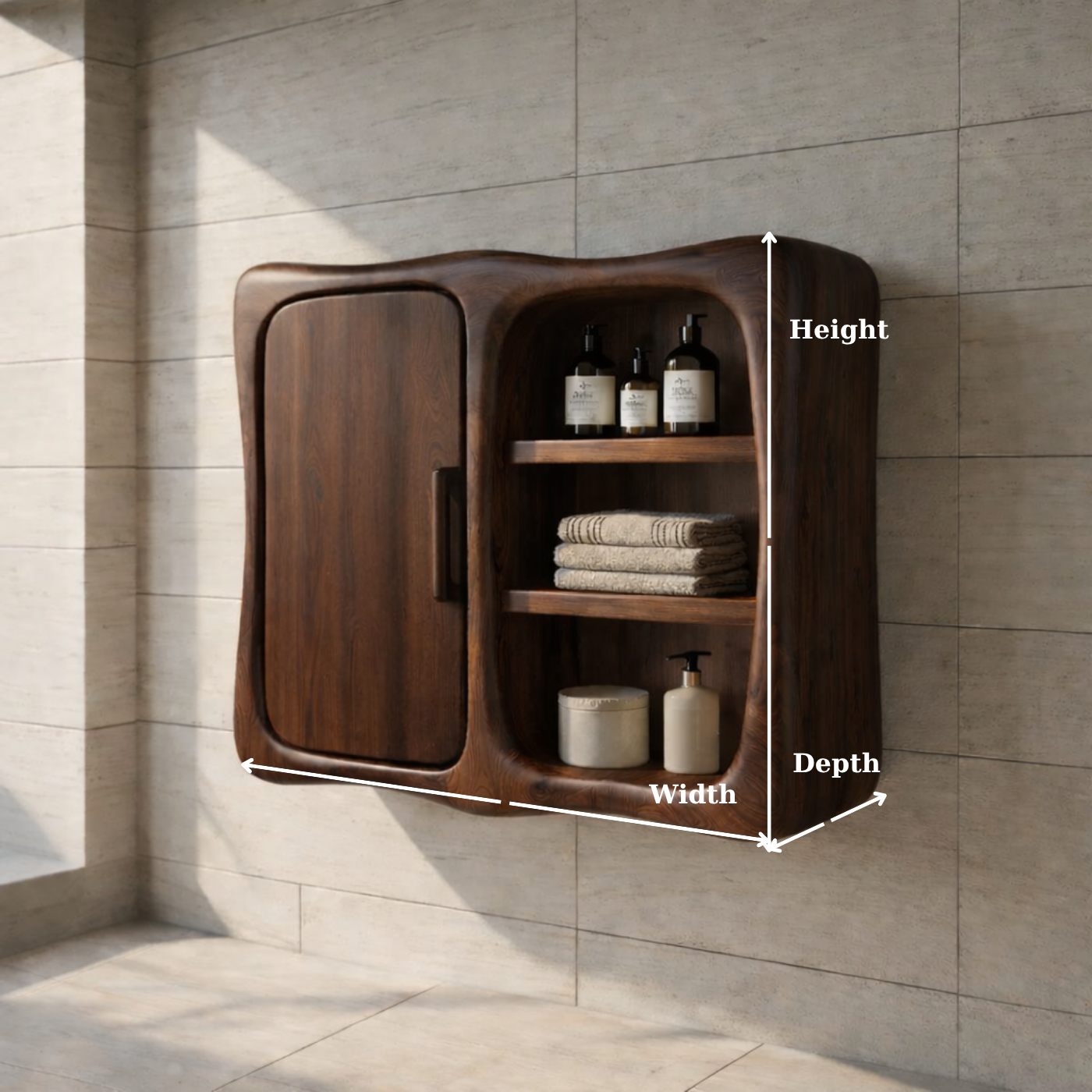 Solid Wood Wall Mounted Bathroom Cabinet – Curved Storage Cabinet with Open Shelf