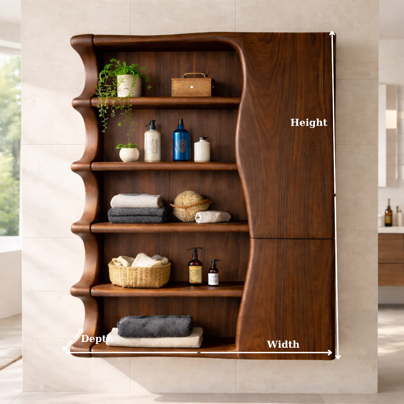 Solid Wood Floating Bathroom Cabinet with Wave Edge Shelves & Storage Door