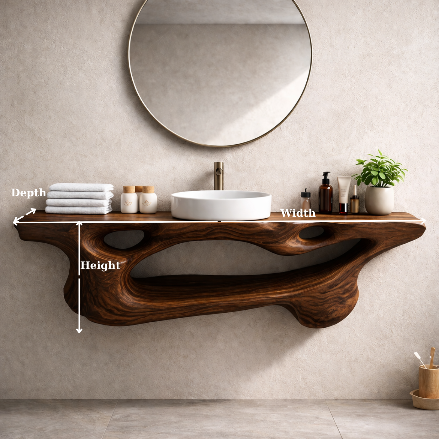Solid Wood Floating Bathroom Vanity with Sculptural Live Edge – Modern Organic Wall Mounted Cabinet