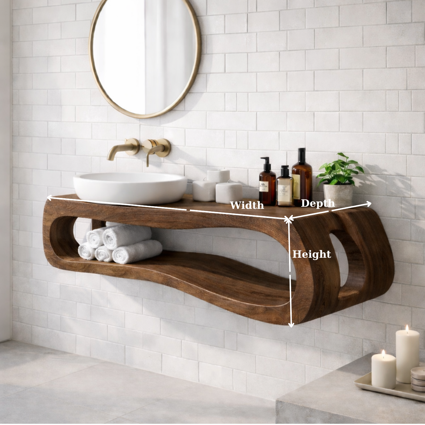 Solid Wood Floating Bathroom Vanity with Open Shelf – Modern Curved Wall Mounted Cabinet