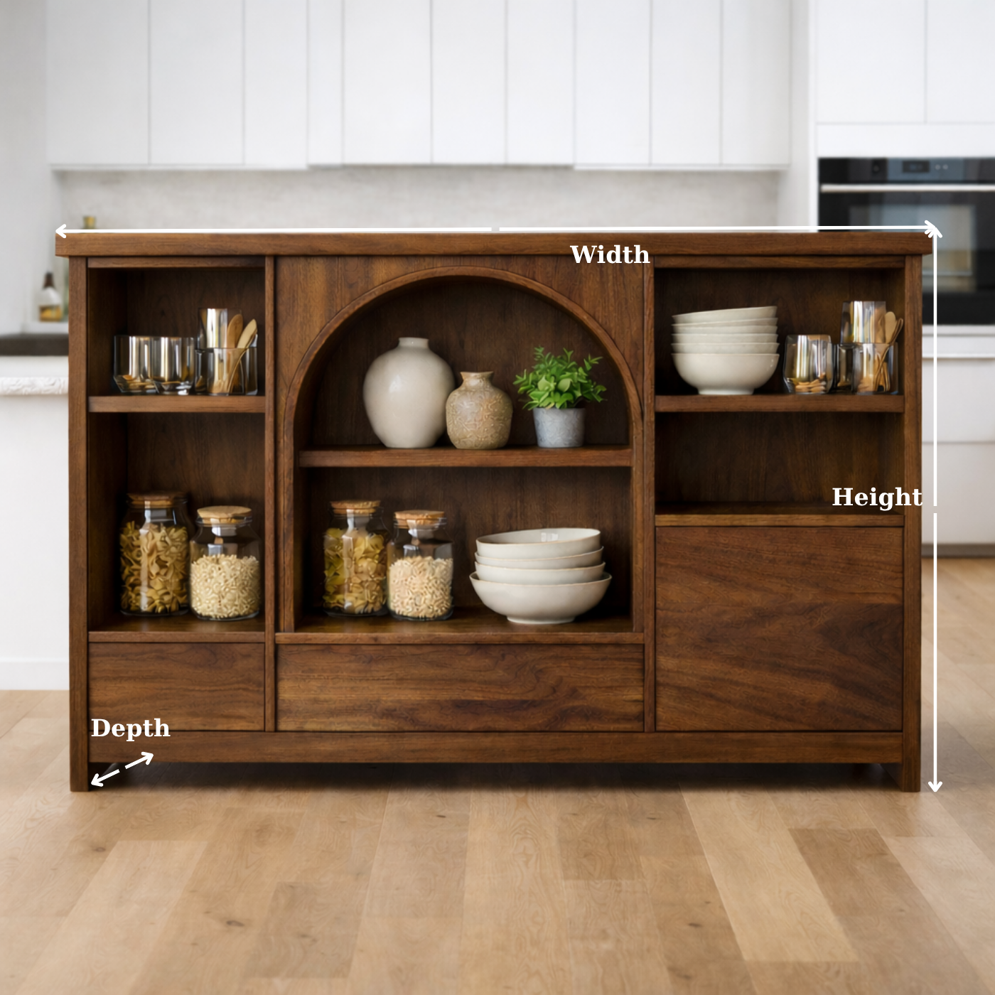 Solid Walnut Kitchen Island with Arched Center Shelf & Open Storage