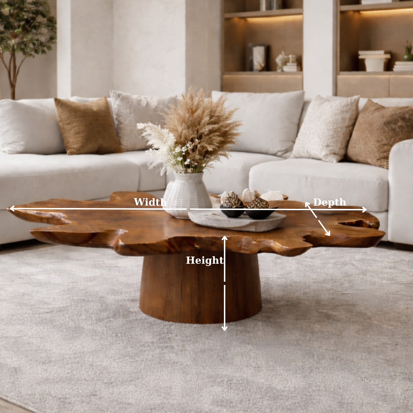Solid Wood Live Edge Coffee Table with Thick Slab Top & Pedestal Base