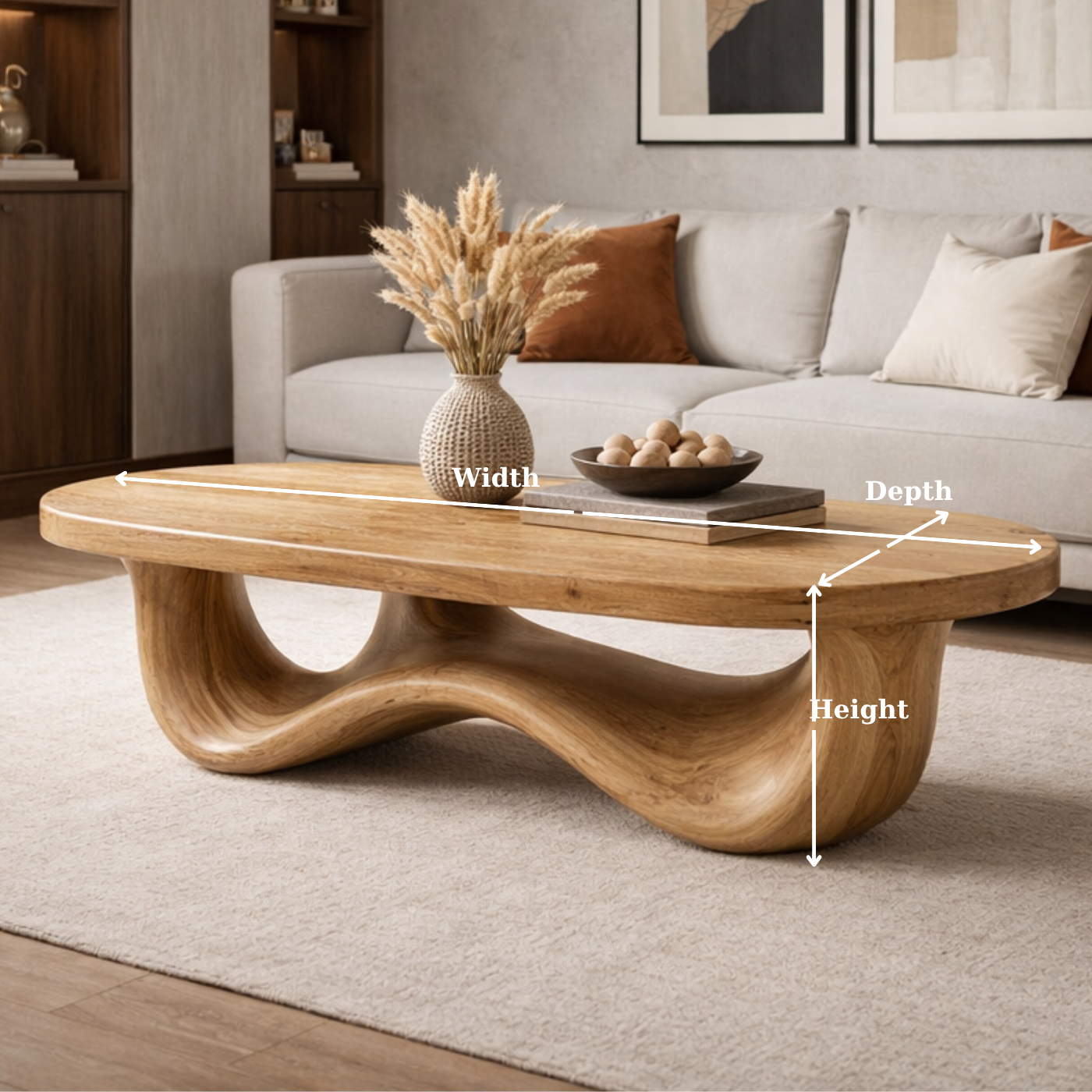 Solid Wood Oval Coffee Table with Sculptural Wave Base and Rustic Walnut Finish