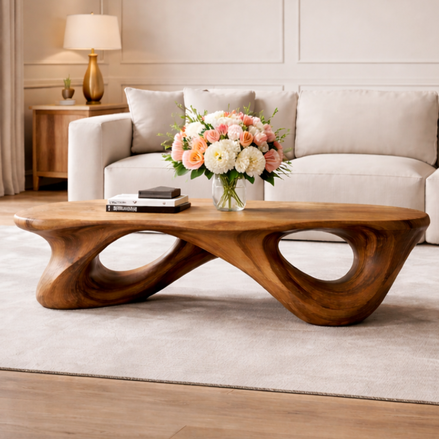 Handcrafted Solid Wood Coffee Table with Sculptural Open Loop Base