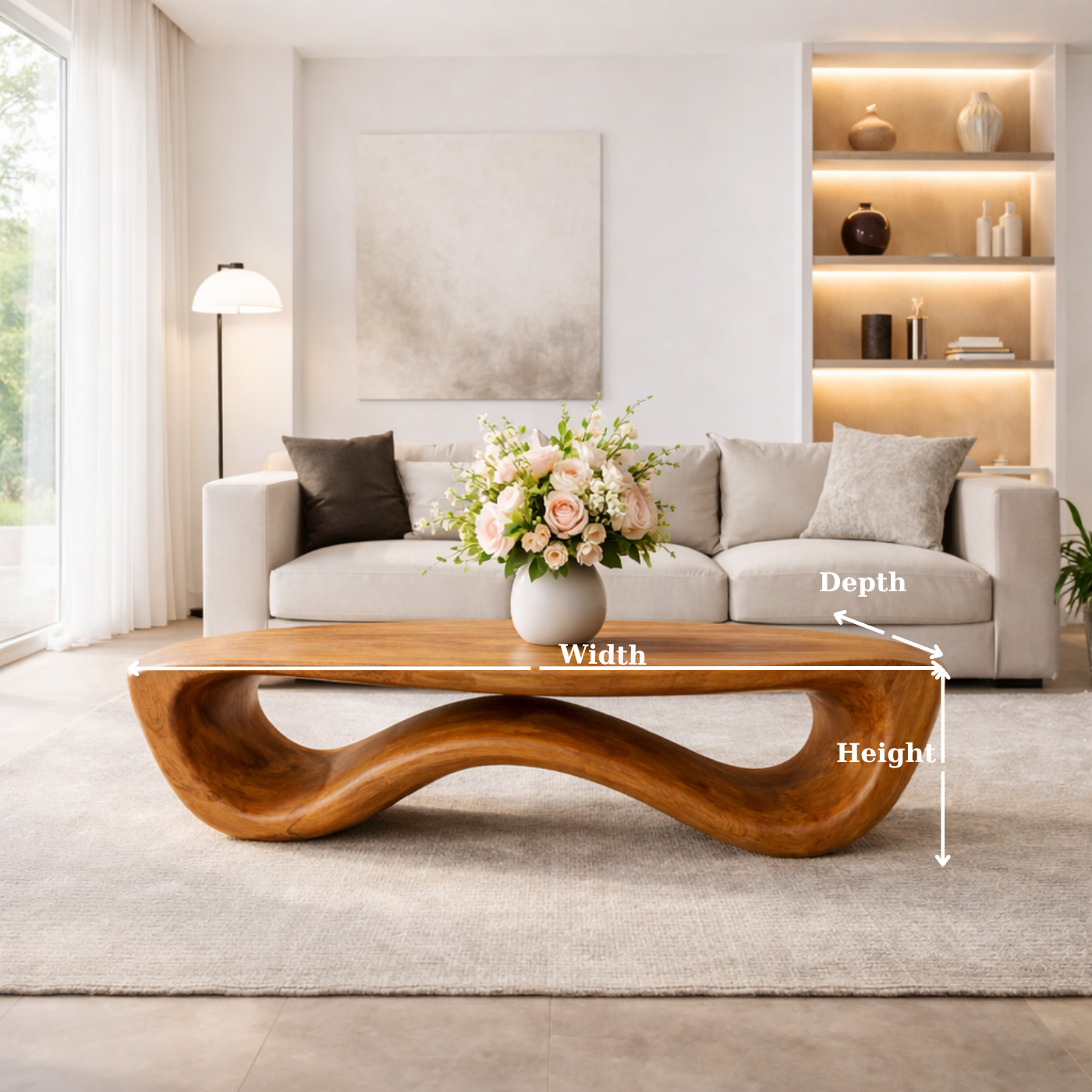 Organic Solid Wood Coffee Table with Sculptural Wave Base and Natural Finish