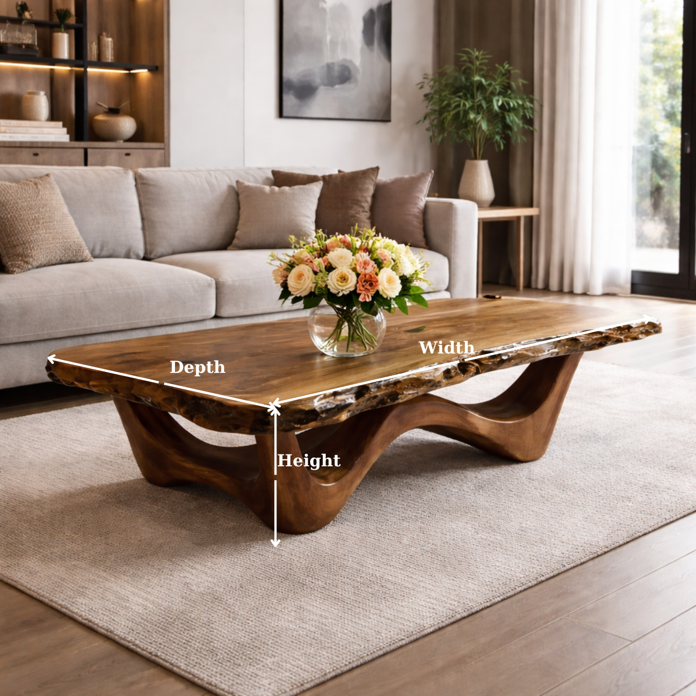 Live Edge Solid Wood Coffee Table with Sculptural Base and Natural Grain
