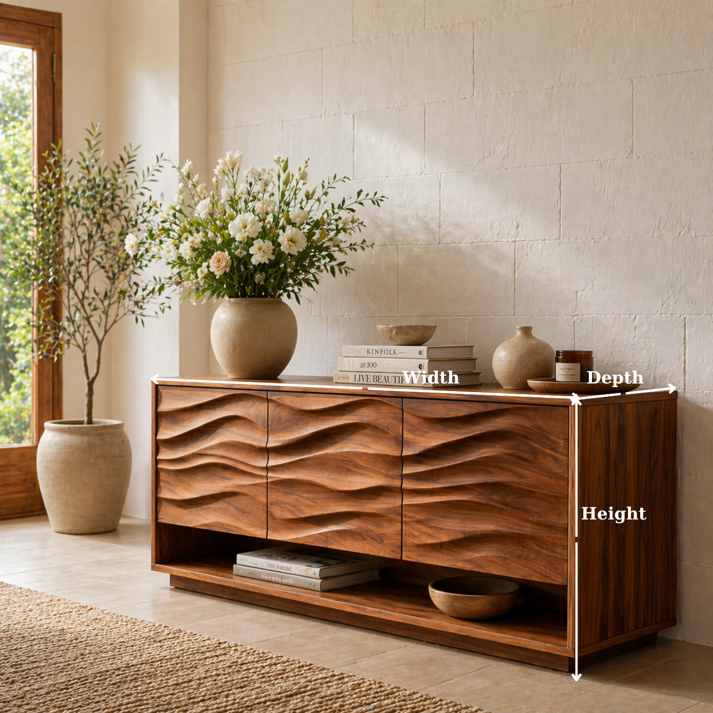 Solid Wood Console Table with Wave Carved Doors and Open Shelf in Walnut Finish