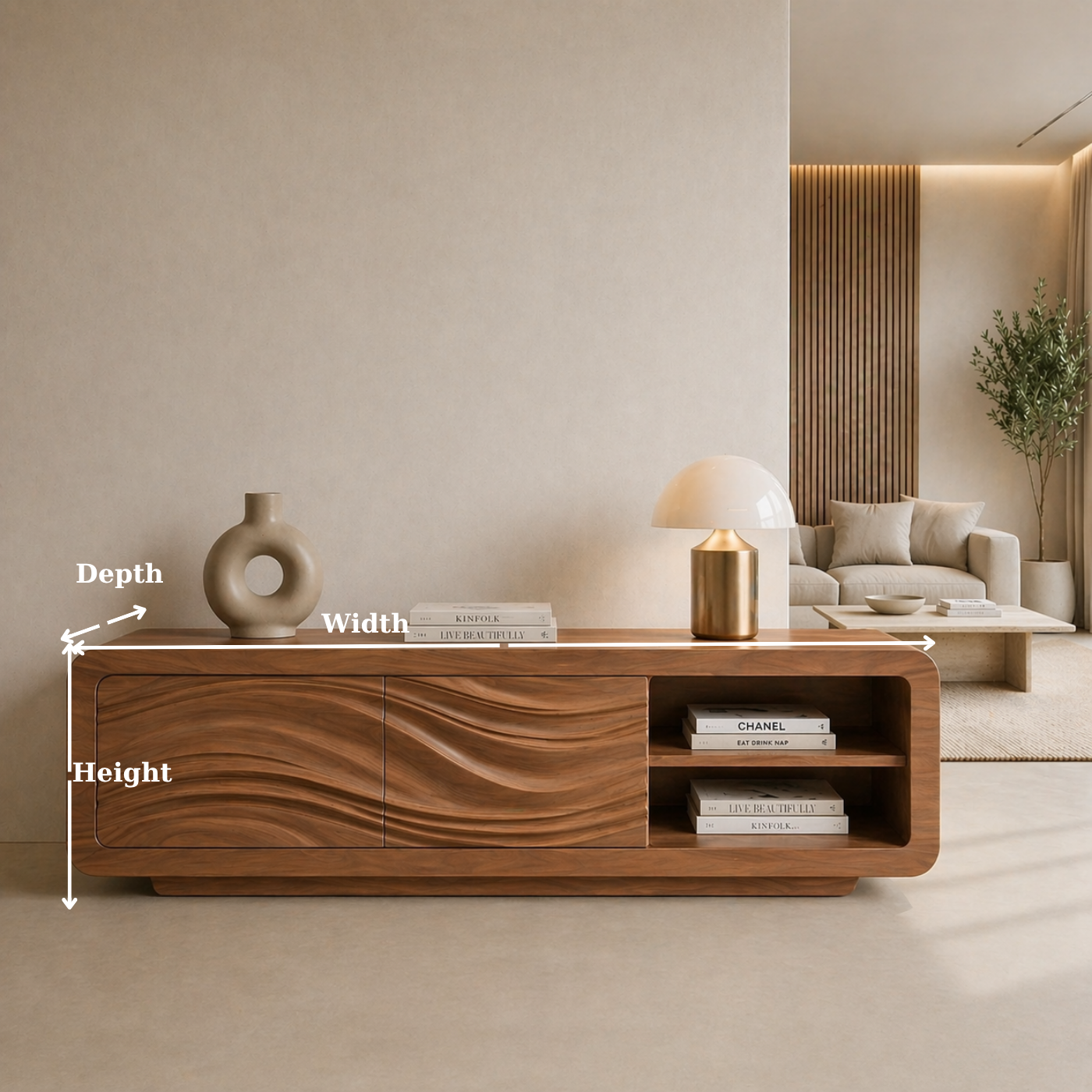 Solid Wood TV Stand with Wave Carved Doors and Open Shelf in Walnut Finish