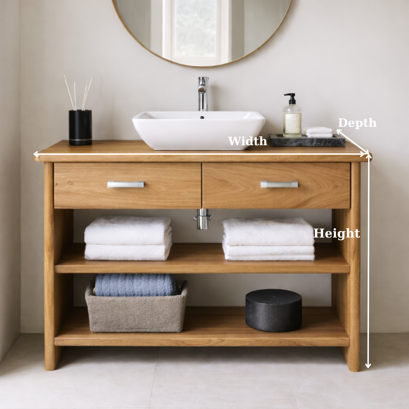 Solid Wood Bathroom Vanity Cabinet with Drawers and Open Shelves – Modern Freestanding Single Vanity
