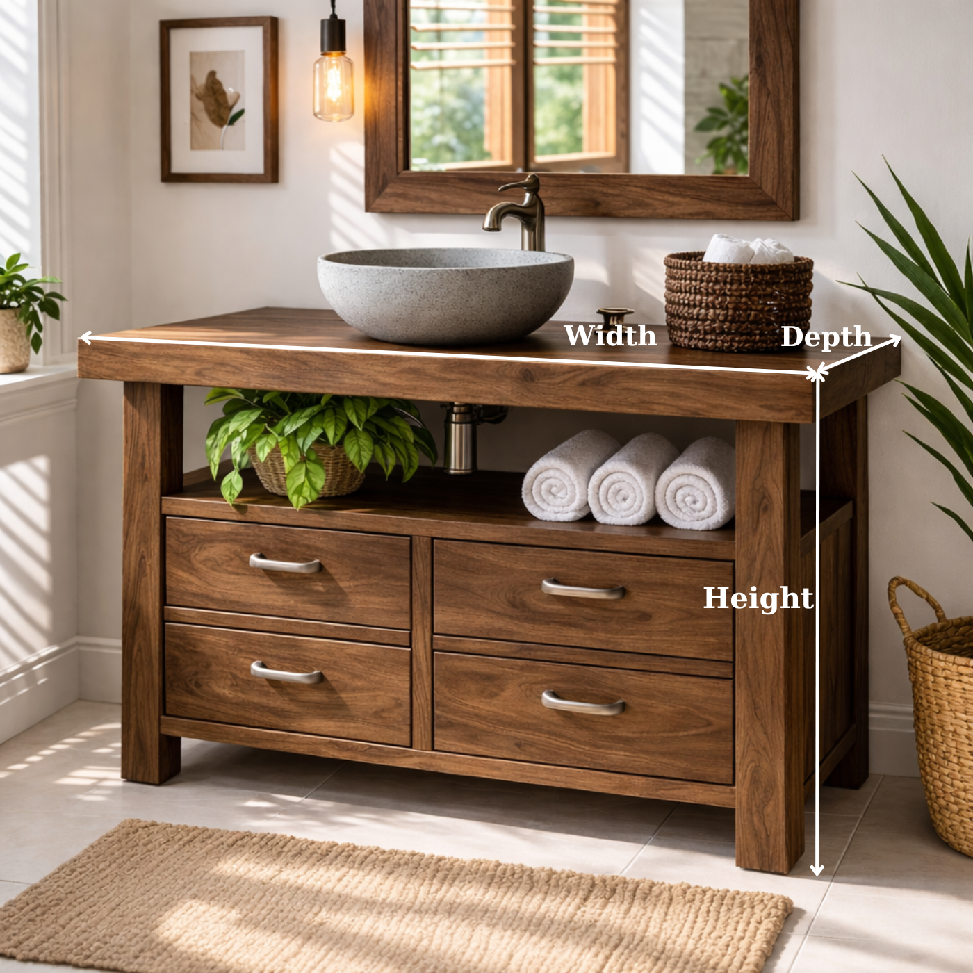 Solid Wood Bathroom Vanity with Four Drawers and Open Shelf for Transitional and Modern Bathrooms