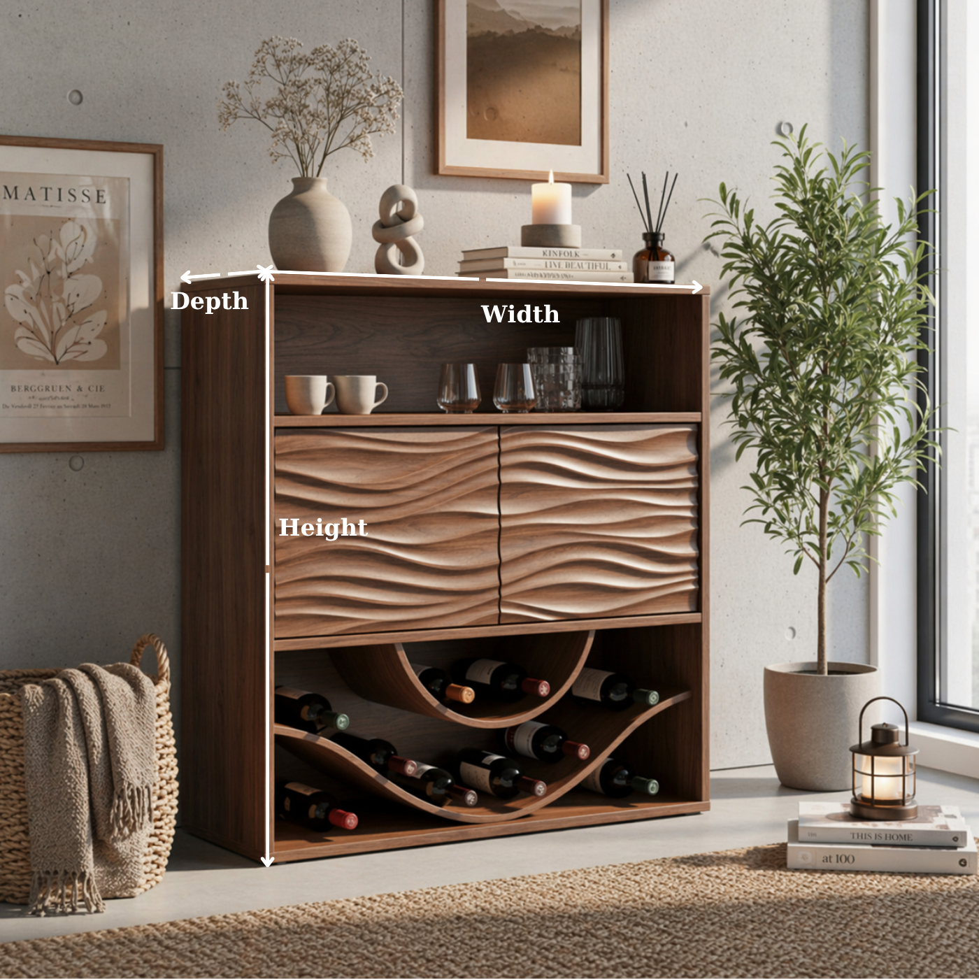 Solid Wood Wine Cabinet with Wave Carved Doors and Open Bottle Storage