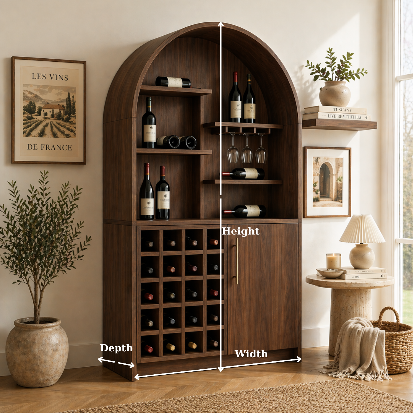 Solid Wood Wine Cabinet with Arched Display Shelves and Bottle Storage