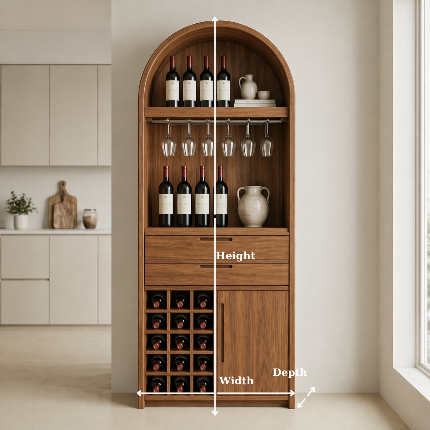 Solid Wood Wine Cabinet with Arched Top, Glass Holder and Bottle Storage
