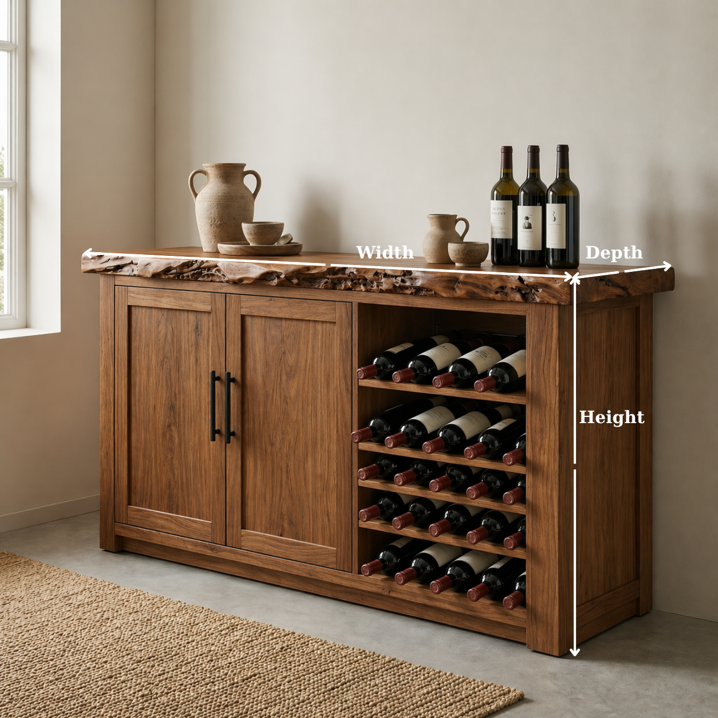 Solid Wood Wine Cabinet with Live Edge Top and Built-In Bottle Rack