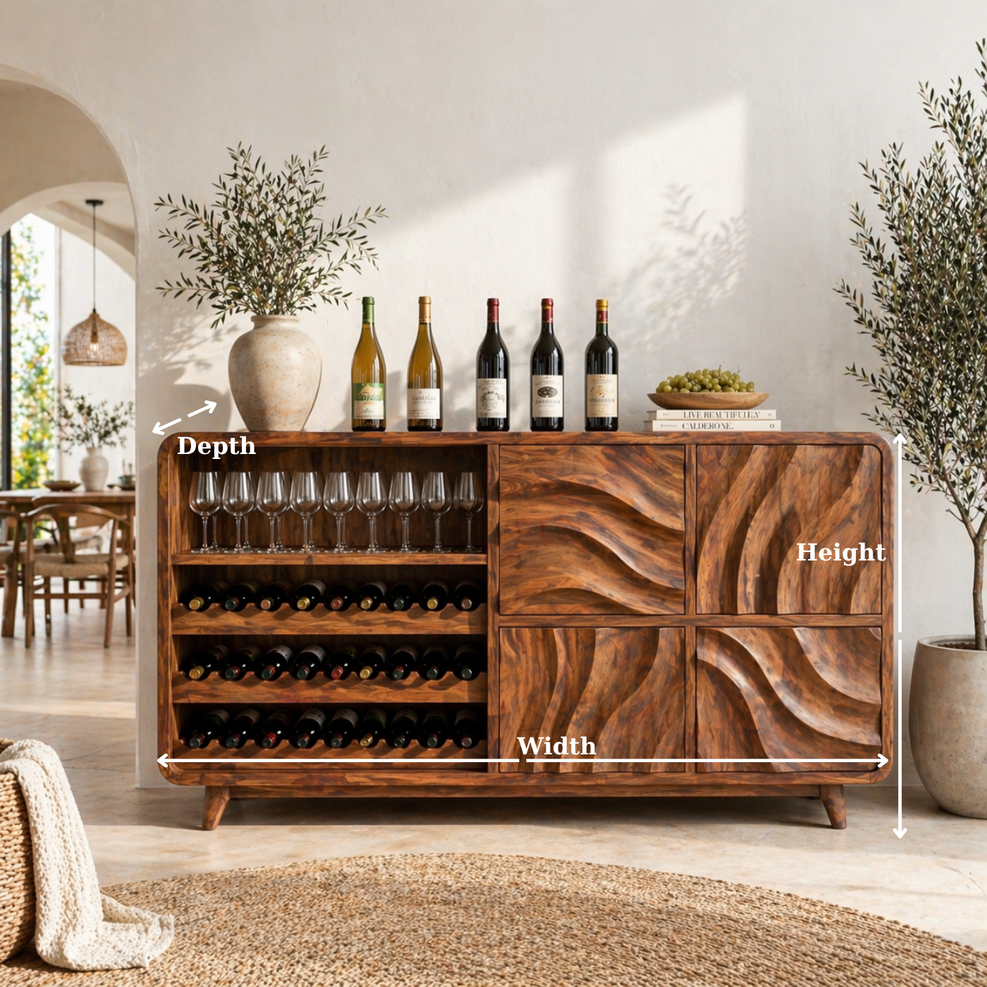 Solid Wood Wine Sideboard with Wave Carved Doors and Open Bottle Storage