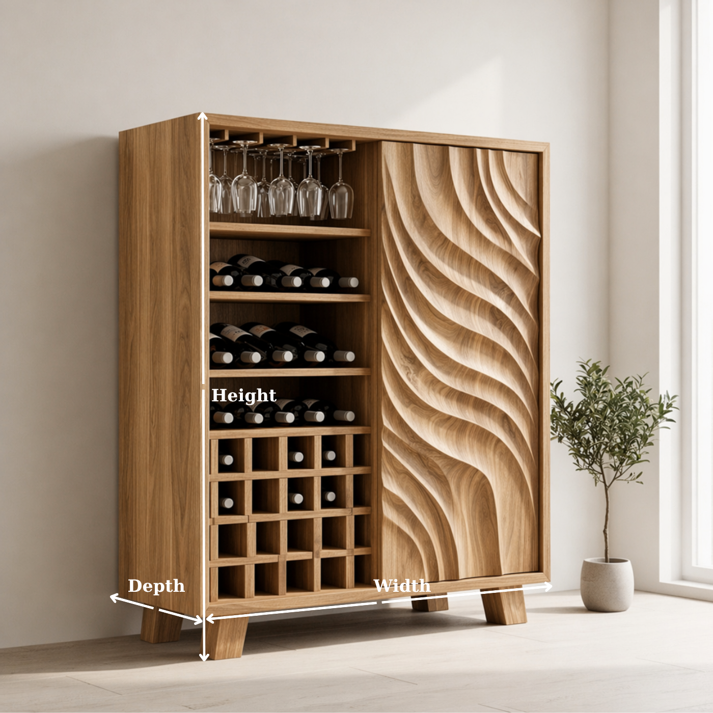 Solid Wood Wine Cabinet with Sculpted Wave Door and Bottle Storage