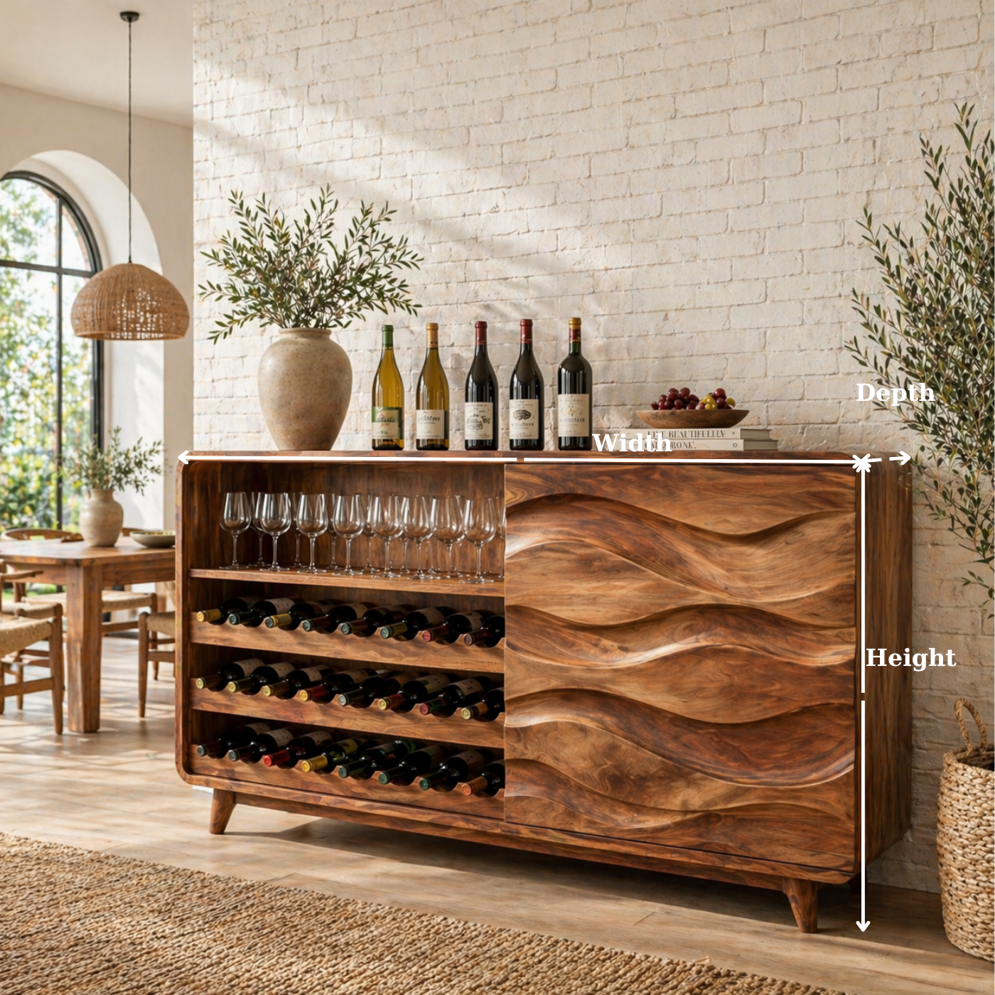 Solid Wood Wine Sideboard with Wave Carved Doors and Bottle Storage