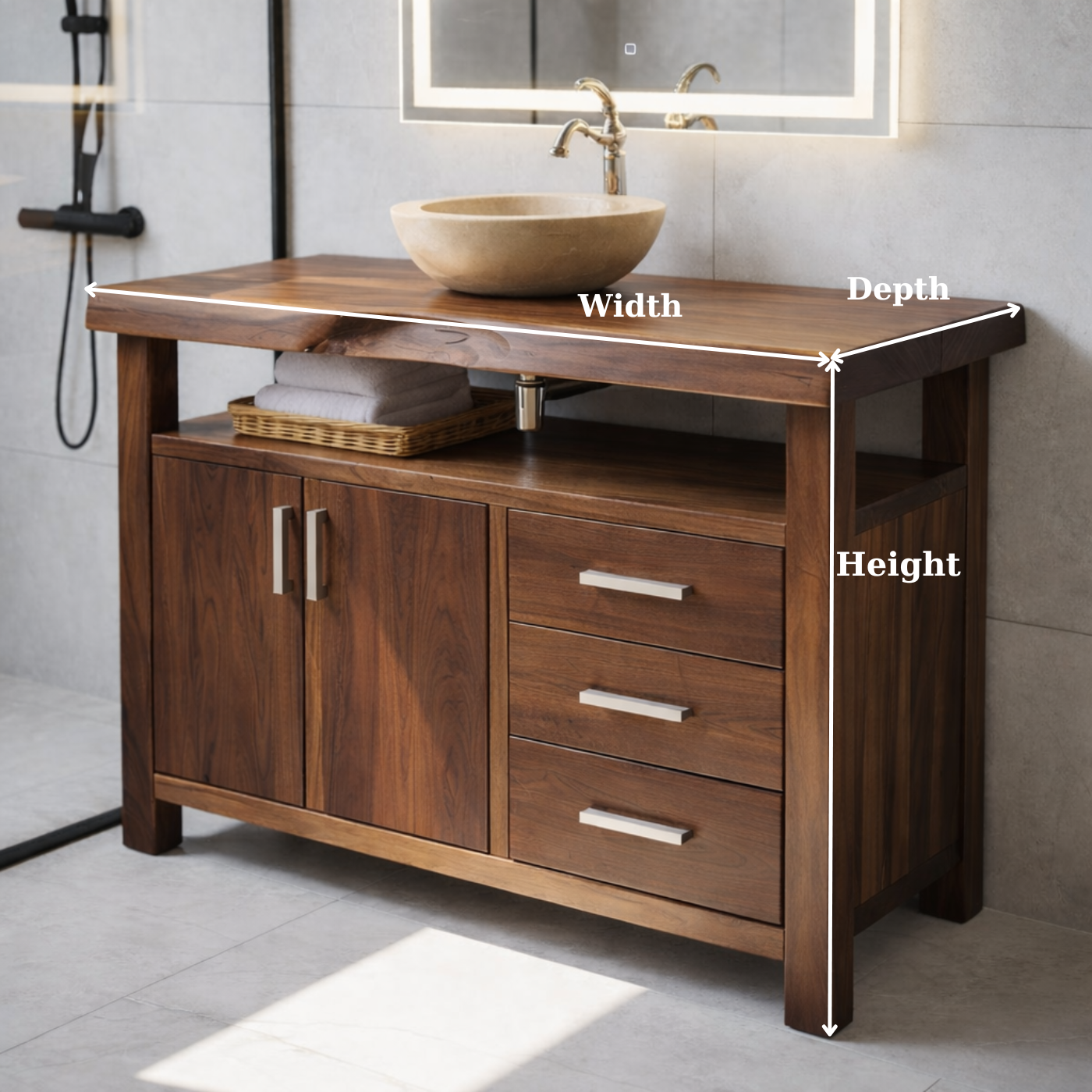 Solid Wood Bathroom Vanity with Cabinet Doors, Three Drawers and Open Shelf – Freestanding Natural Wood Vanity
