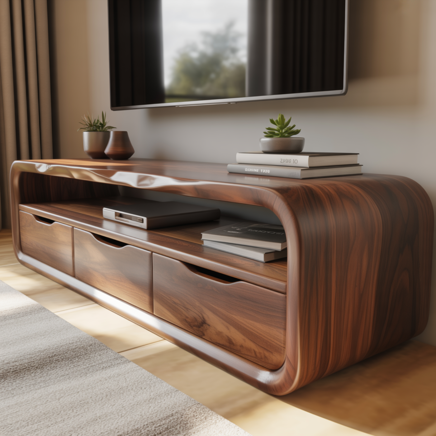 Luxury Curved Solid Wood TV Stand with Open Shelf and Drawer Storage