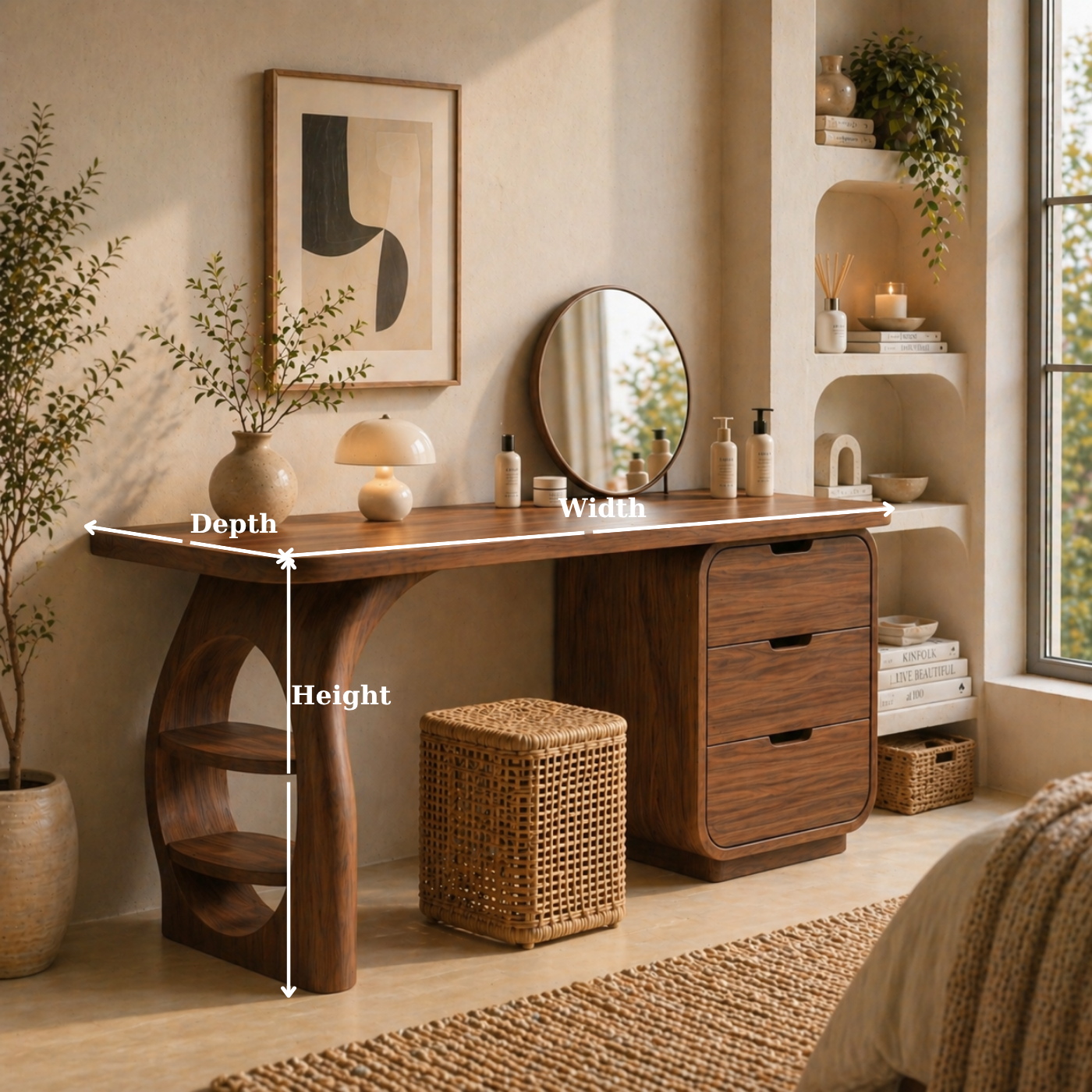 Solid Wood Makeup Vanity Desk with Sculptural Base and Drawer Storage