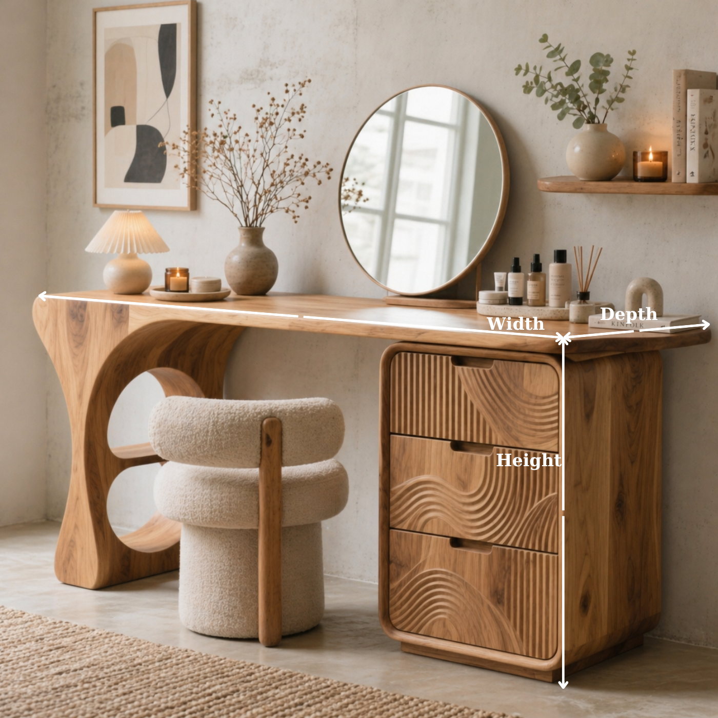 Solid Wood Makeup Vanity Desk with Sculptural Base and Carved Drawer Fronts