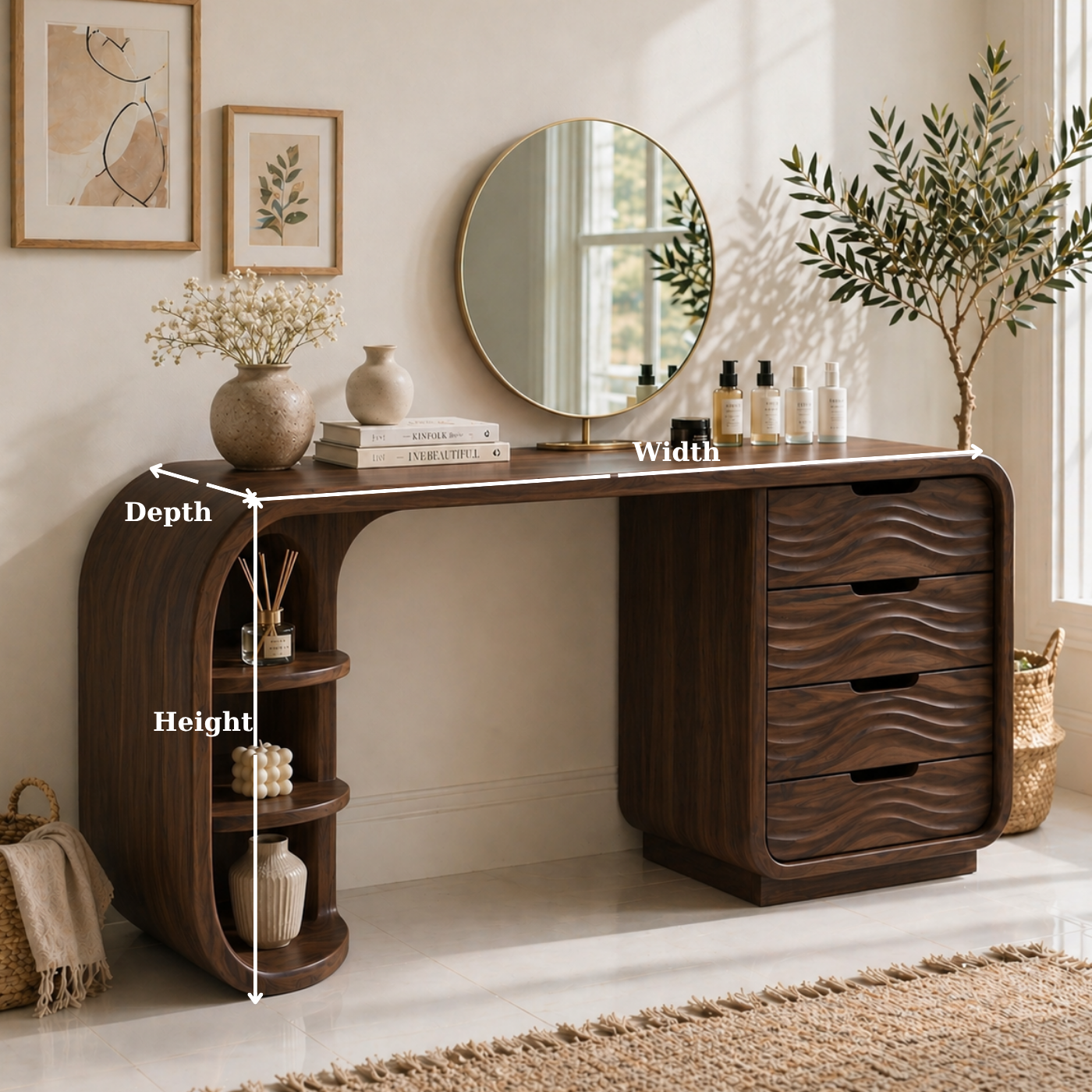 Solid Wood Makeup Vanity Desk with Curved Shelf Base and Wave Drawer Storage