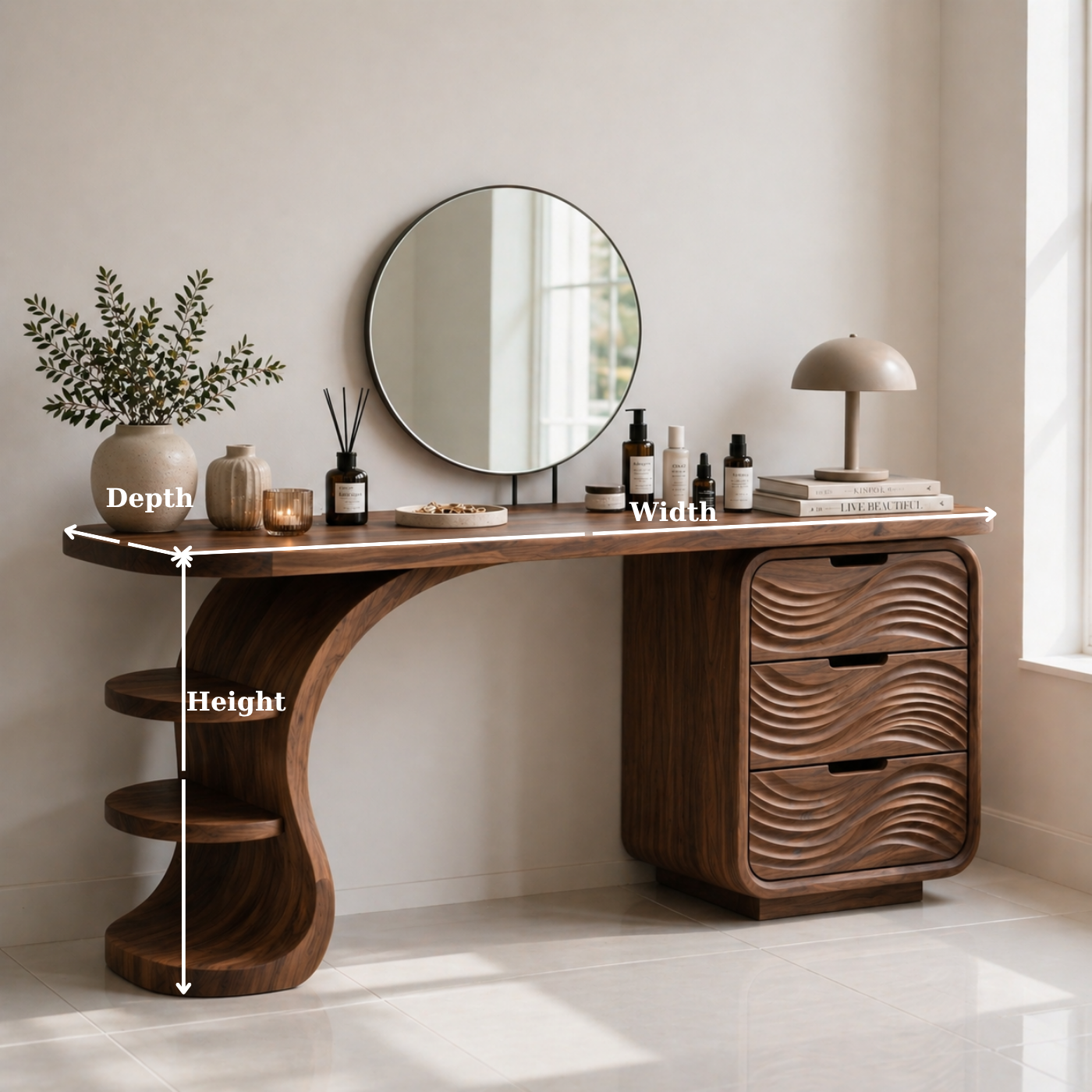 Solid Wood Makeup Vanity Desk with Wave Drawers and Curved Sculptural Base