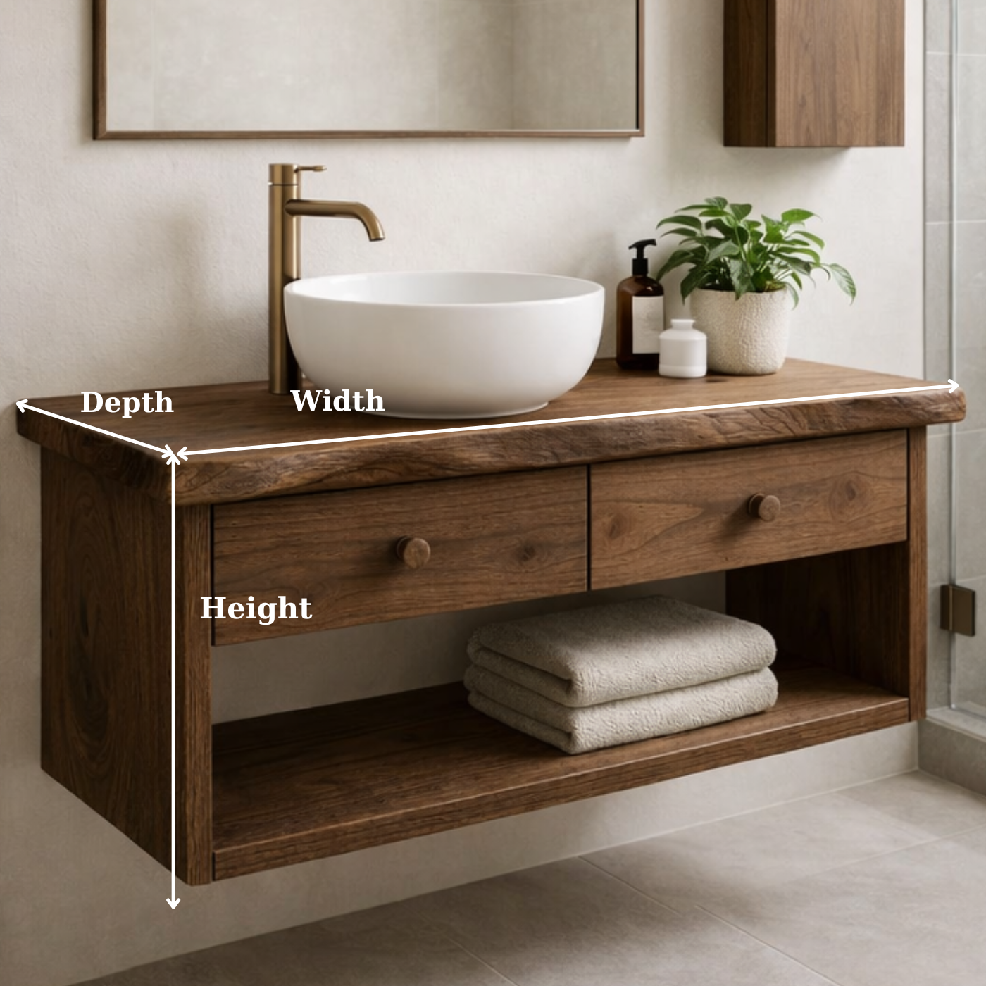 Floating Solid Wood Bathroom Vanity with Double Drawers – Wall Mounted Modern Design