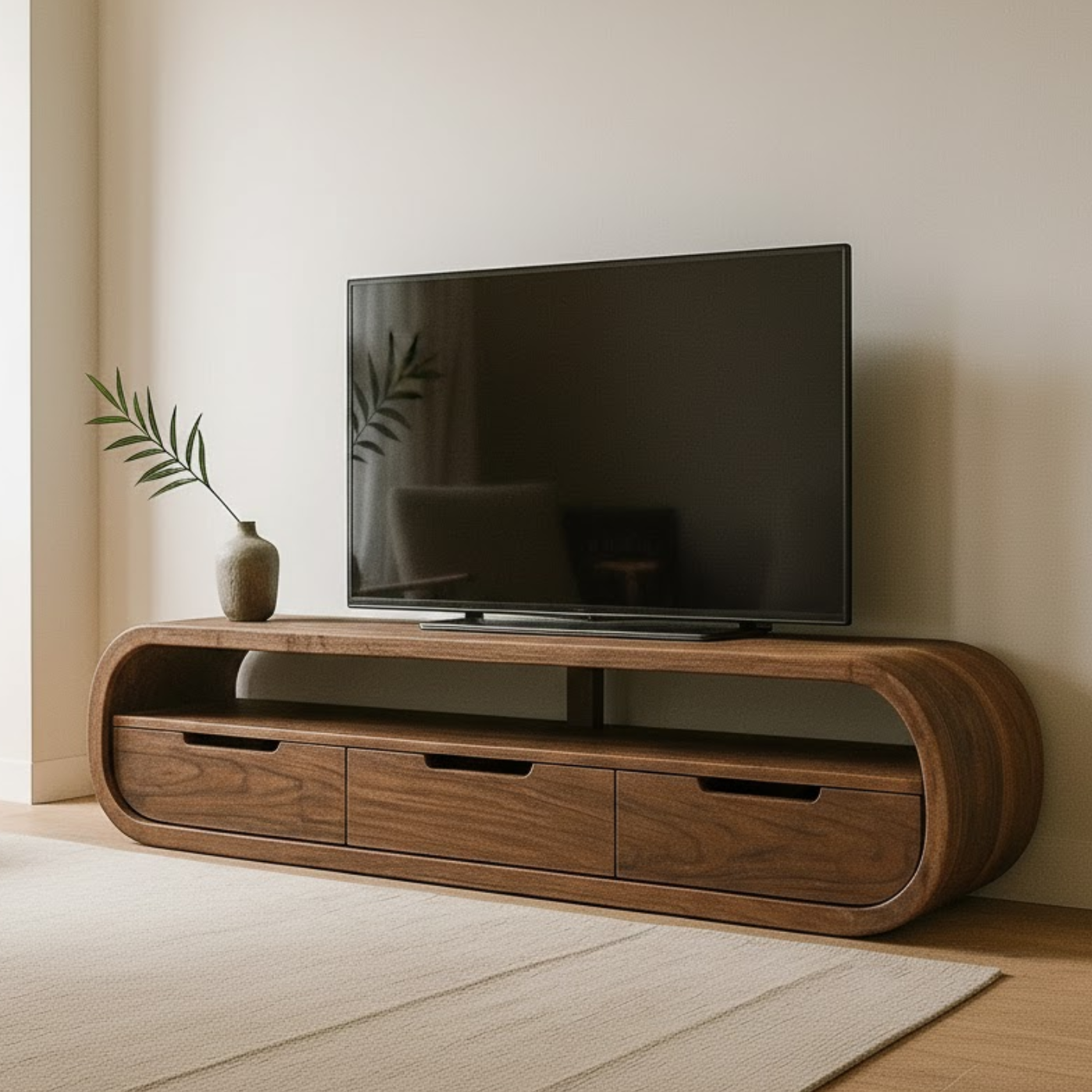 Modern Curved Solid Wood TV Stand with Drawer Storage