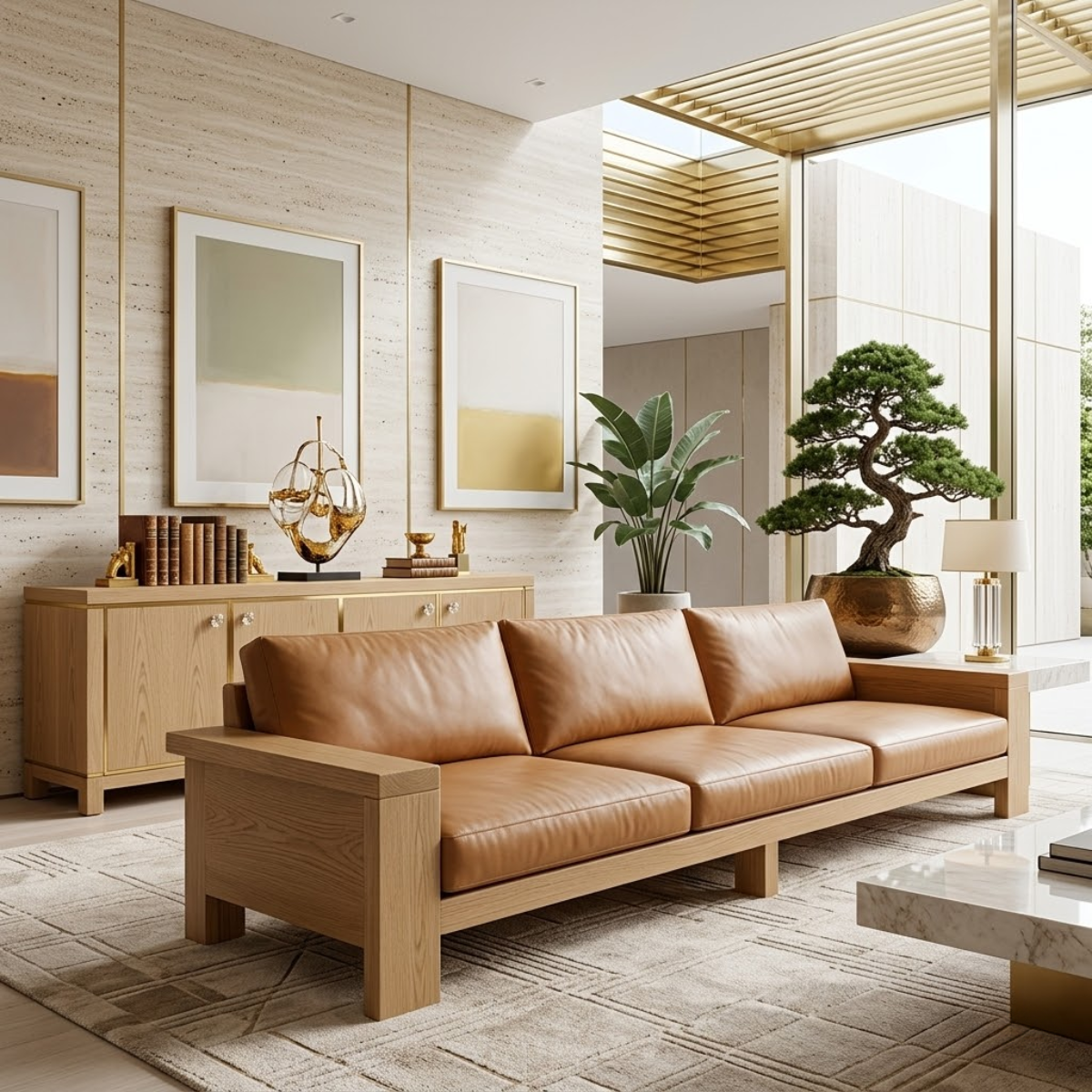 Modern Solid Wood Sofa with Leather Cushions Minimalist Scandi Living Room Couch