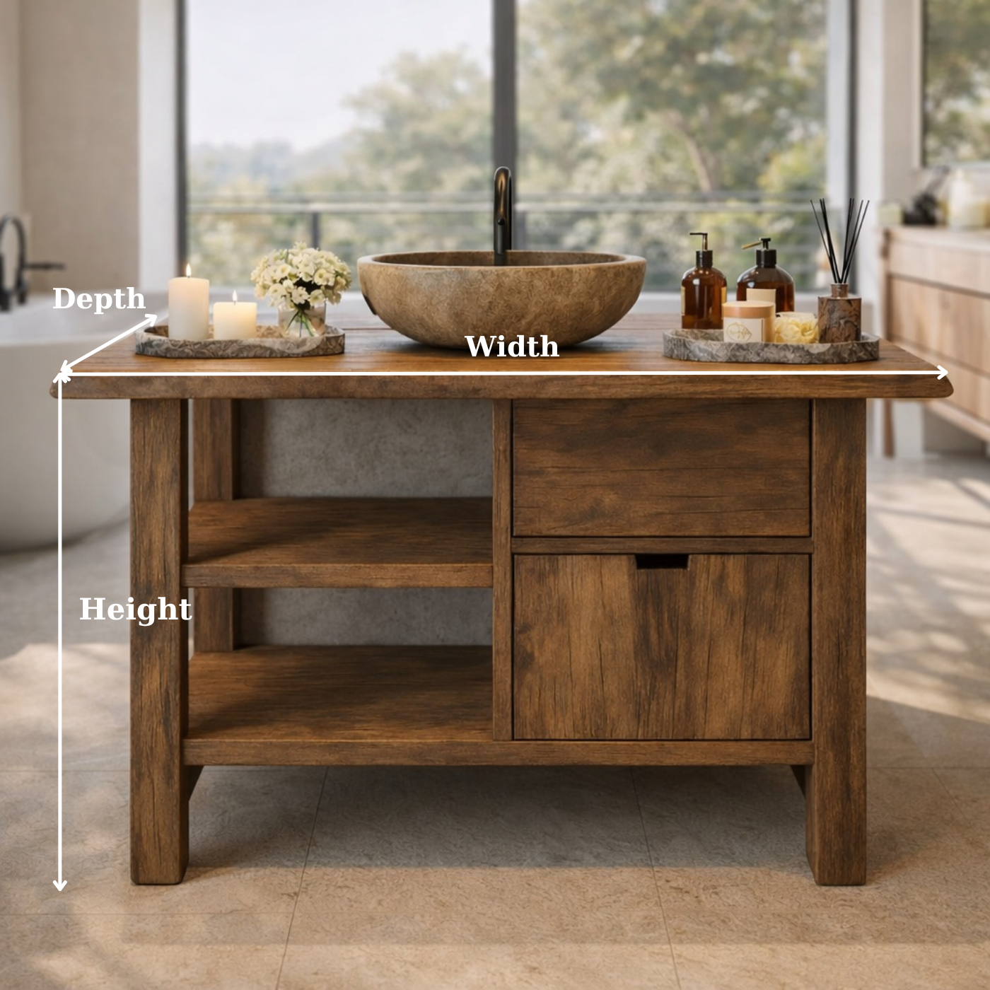 Modern Solid Wood Vanity Cabinet with Drawer and Open Storage for Minimalist Bathrooms