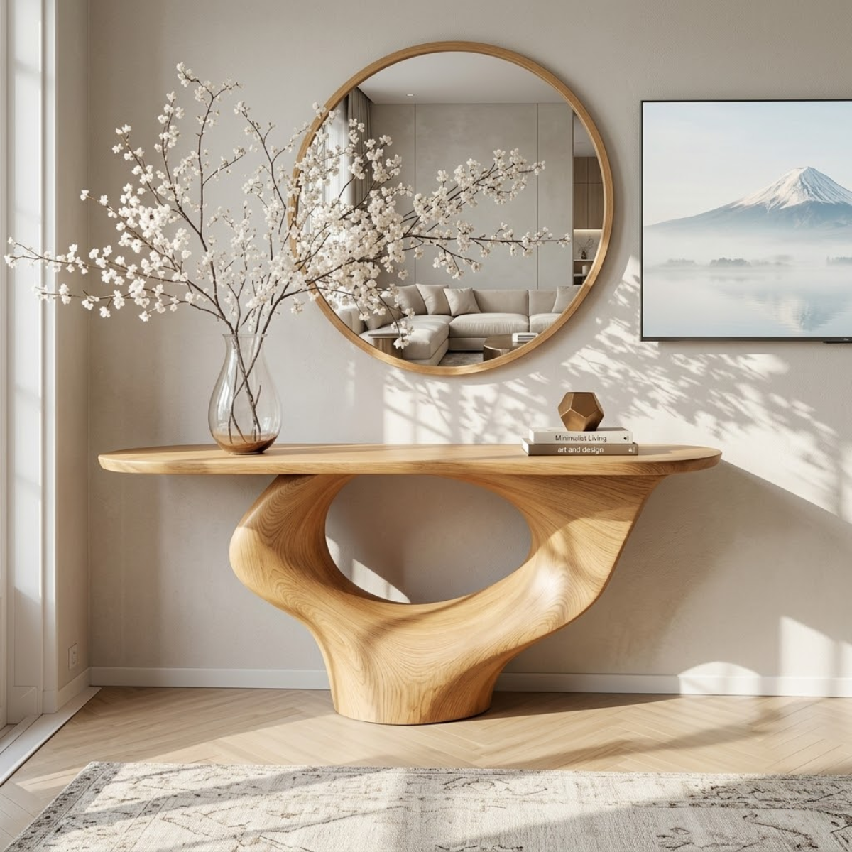 Solid Wood Console Table with Sculptural Base, Modern Minimalist Design