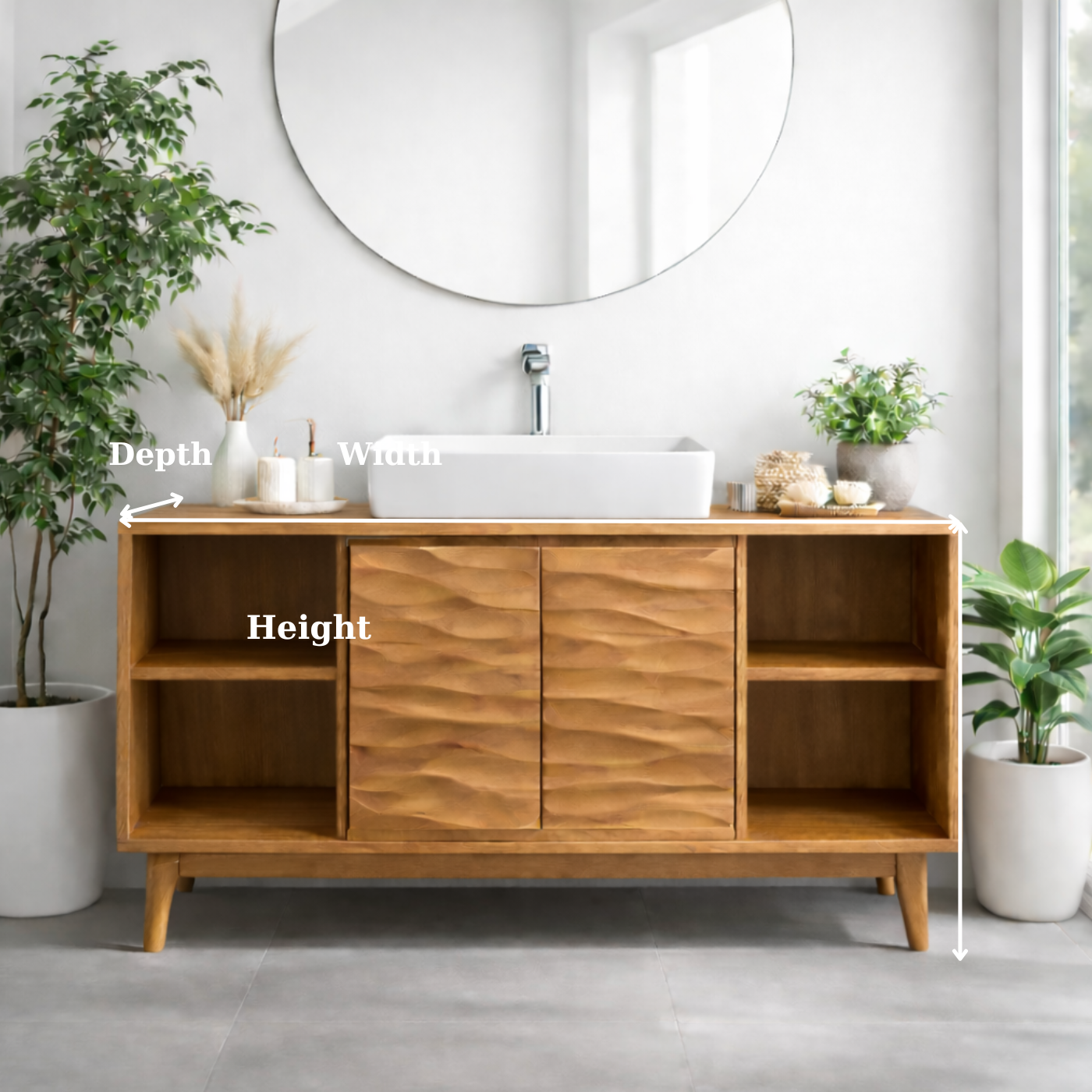 Mid-Century Solid Wood Bathroom Vanity with Textured Cabinet Doors and Open Shelving