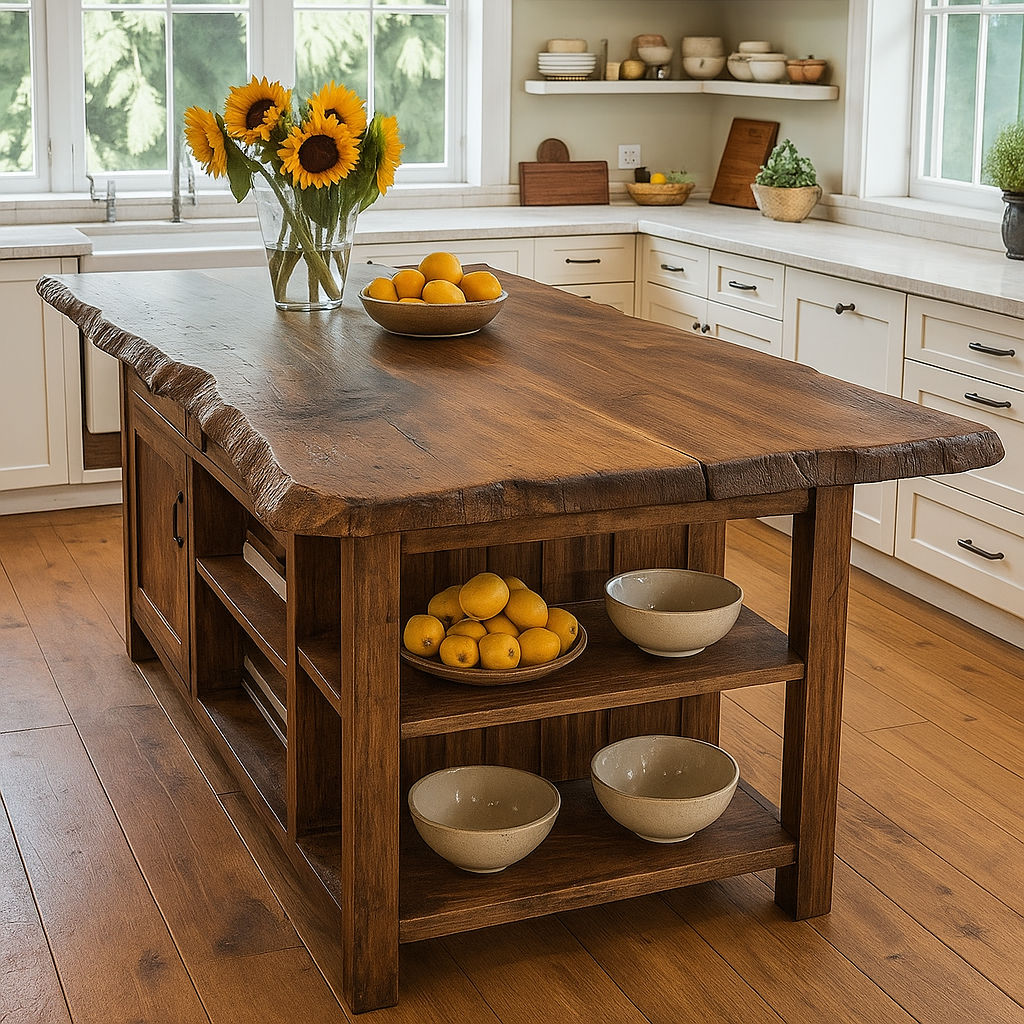 Live Edge Solid Wood Kitchen Island with Storage Shelves – Rustic Farmhouse