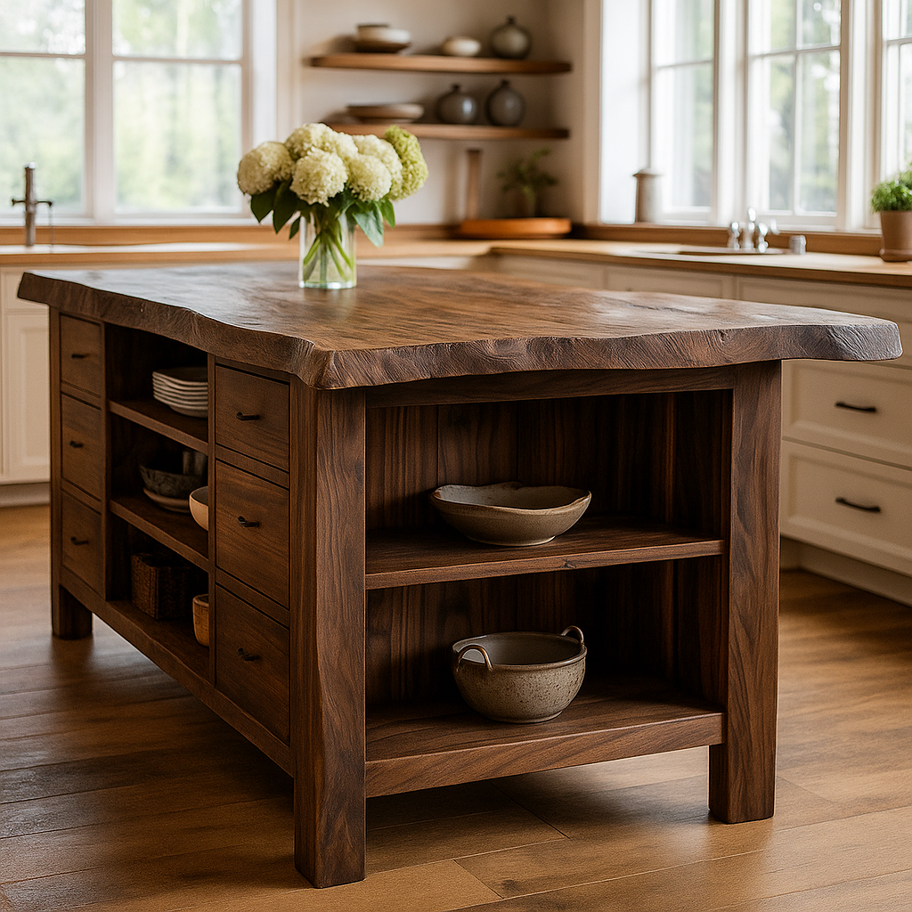 Rustic Solid Wood Kitchen Island with Live Edge Top, Storage Drawers & Open Shelving