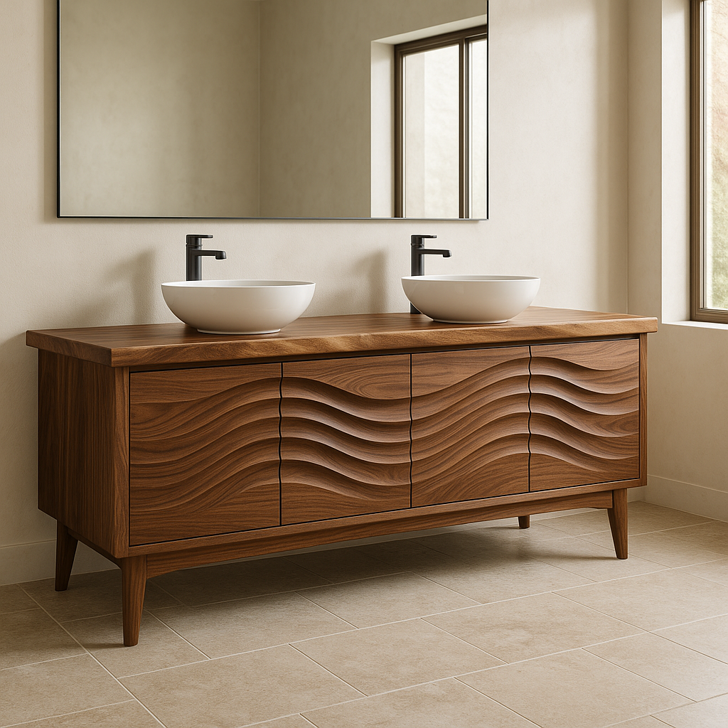 Solid Wood Double Sink Bathroom Vanity with Sculpted Wave Front