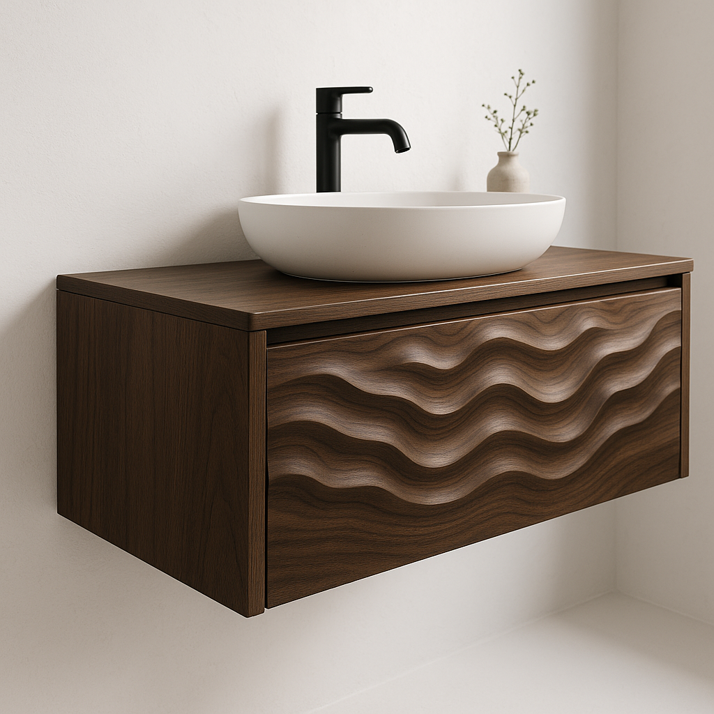 Floating Solid Wood Bathroom Vanity with Sculpted Wave Front
