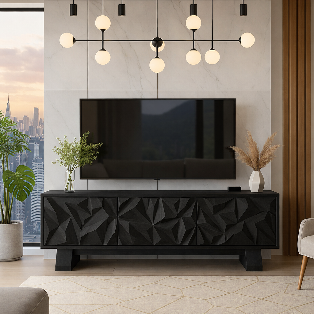 Solid Wood TV Stand Modern Walnut Media Console with Geometric Carved Storage Cabinet