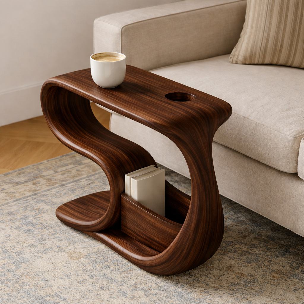 Solid Wood Sofa Armrest Table with Cup Holder and Magazine Storage Side Table