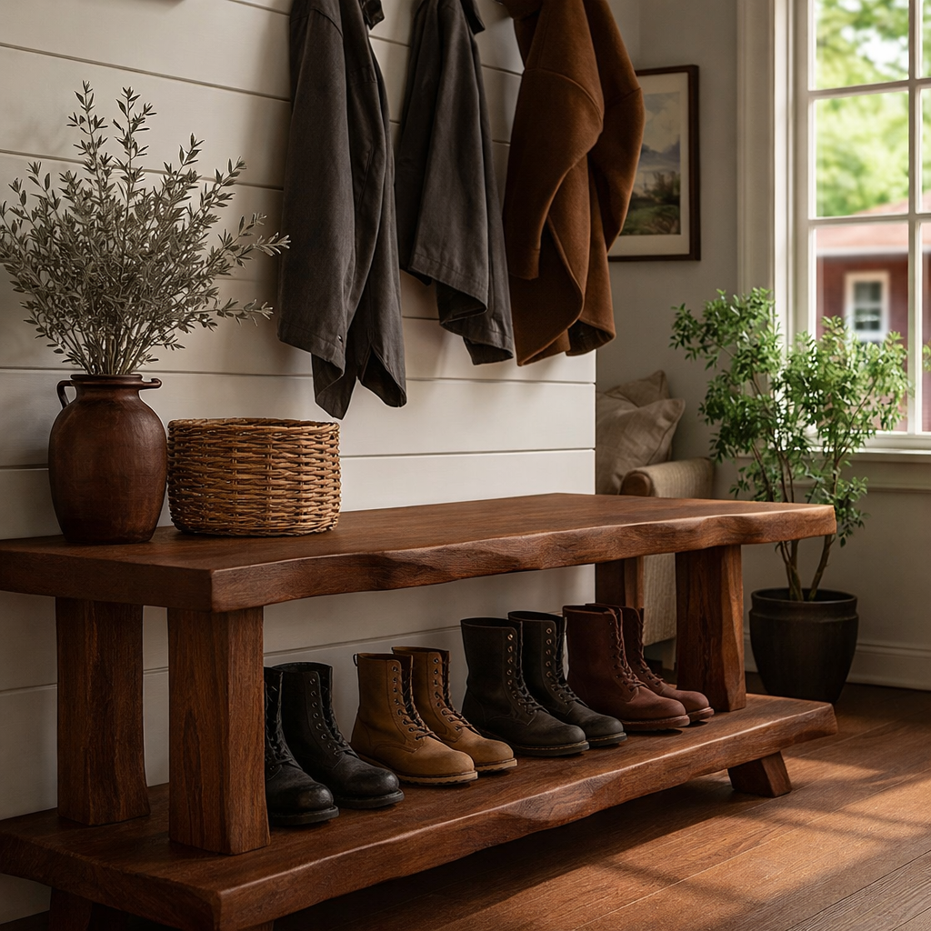 Solid Wood Entryway Bench with Shoe Storage Shelf Rustic Farmhouse Hallway Bench