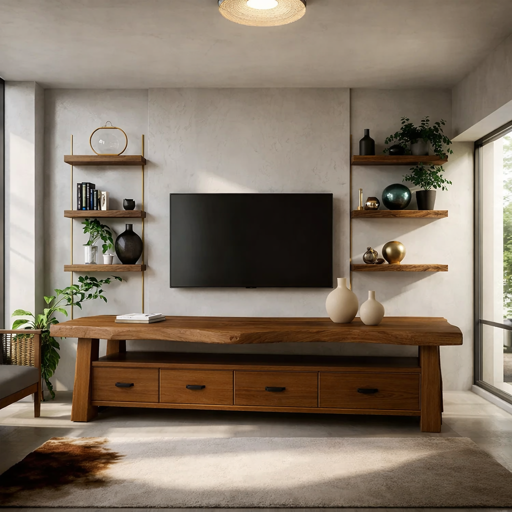 Solid Wood TV Stand with Drawers and Live Edge Top Rustic Entertainment Center