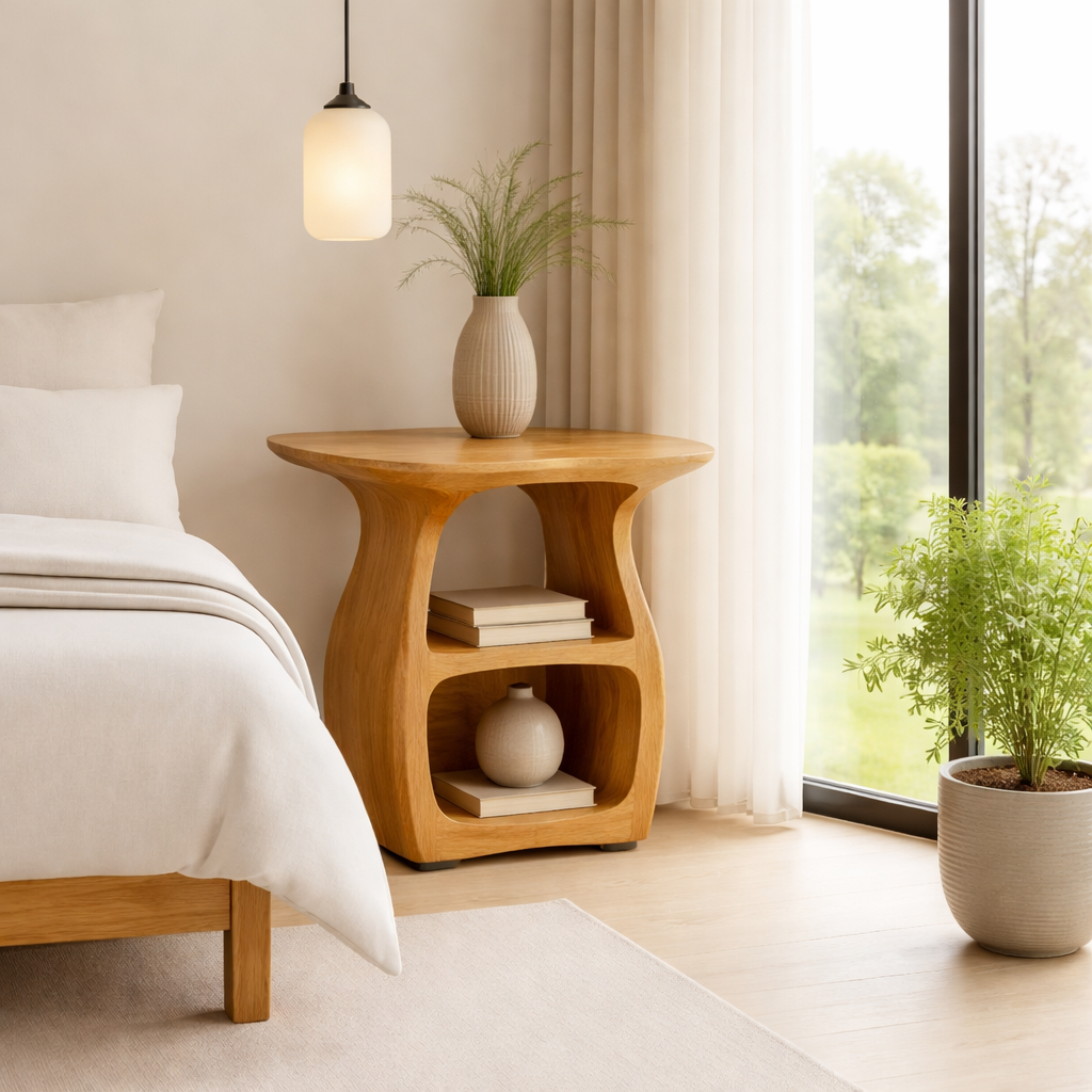 Contemporary Oak Nightstand with Unique Curved Shelves - Minimalist Design