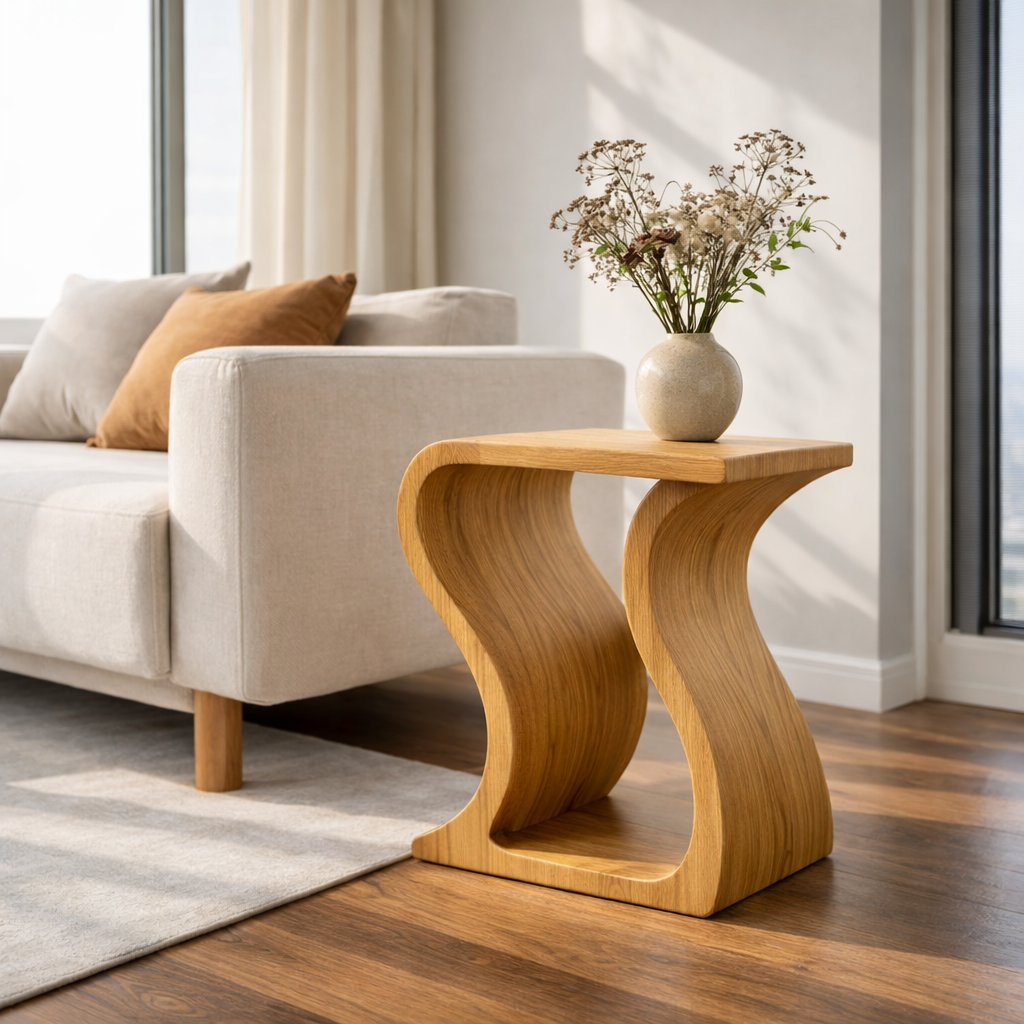 Modern Solid Wood End Table – Sculptural Curved Wooden Side Table for Living Room
