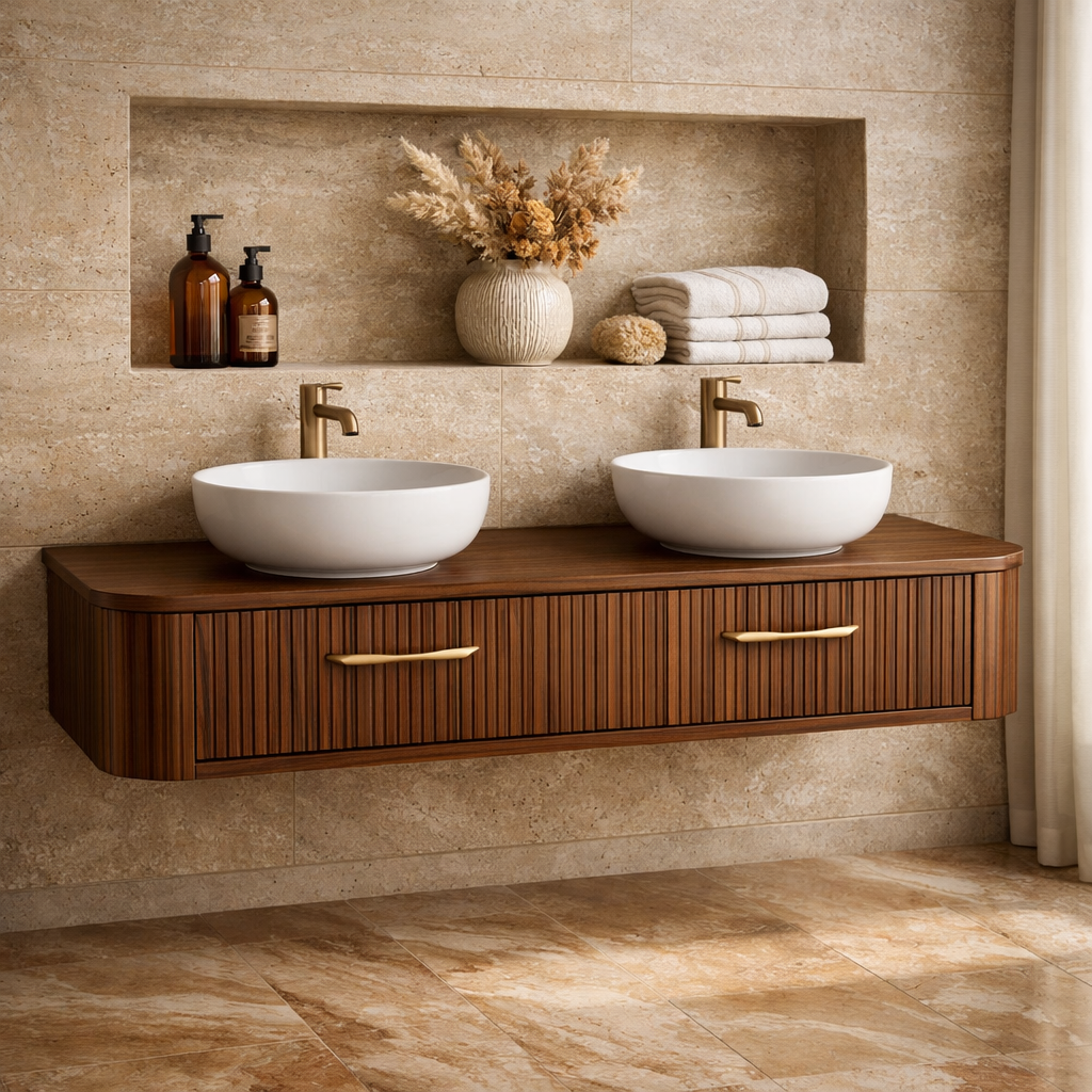 Modern Floating Bathroom Vanity with Storage – Handcrafted Wooden Design with Fluted Drawers