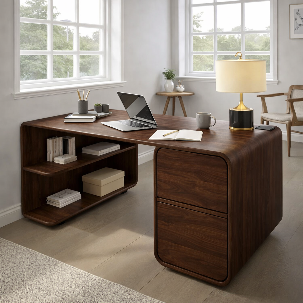 Modern L-Shaped Solid Wood Desk with Curved Silhouette and Integrated Storage