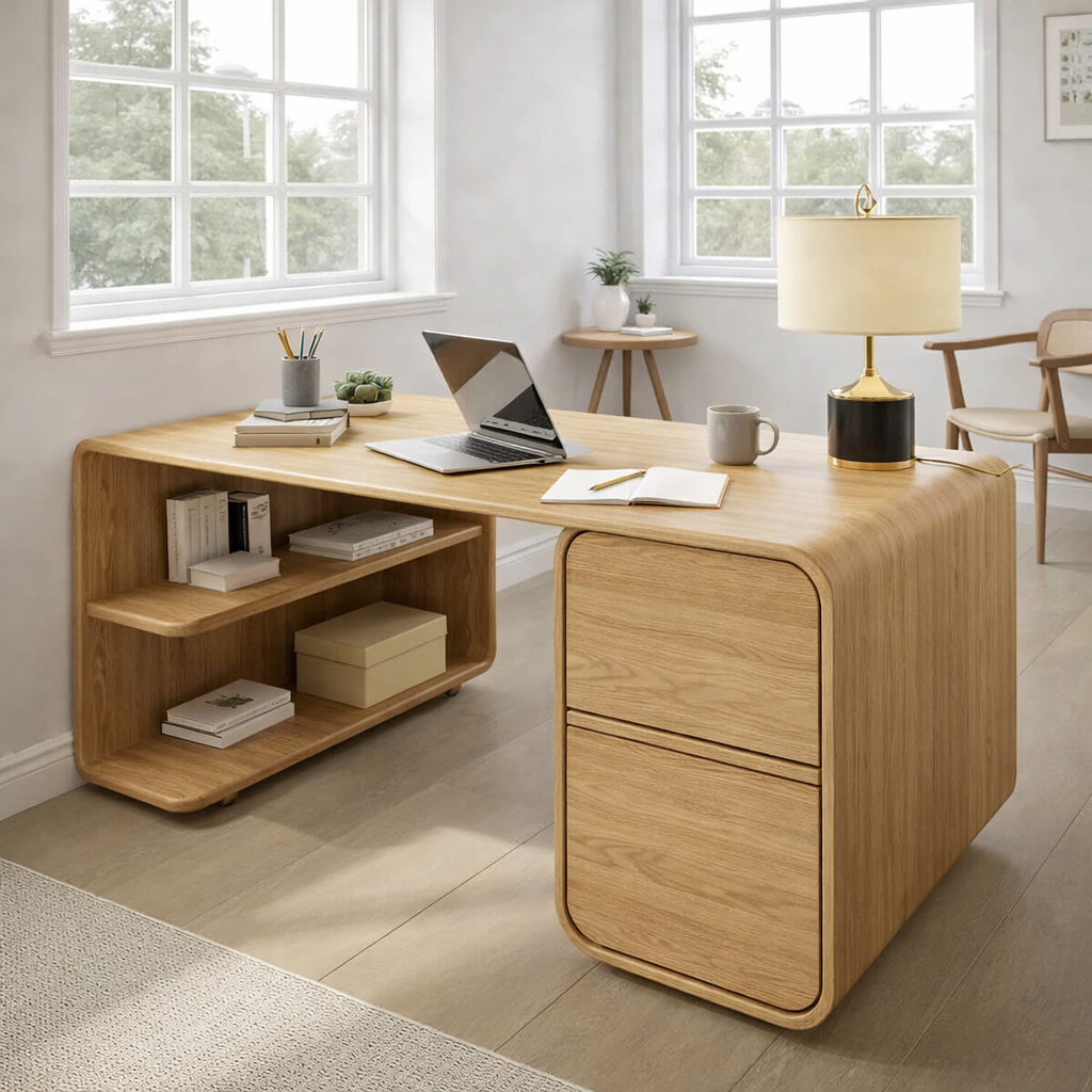 Modern L-Shaped Solid Wood Desk with Curved Silhouette and Integrated Storage